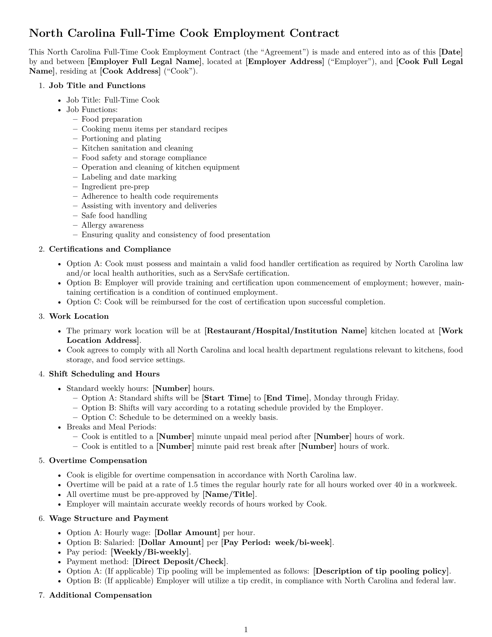 Preview page 1 of Free North Carolina cook employment contract template