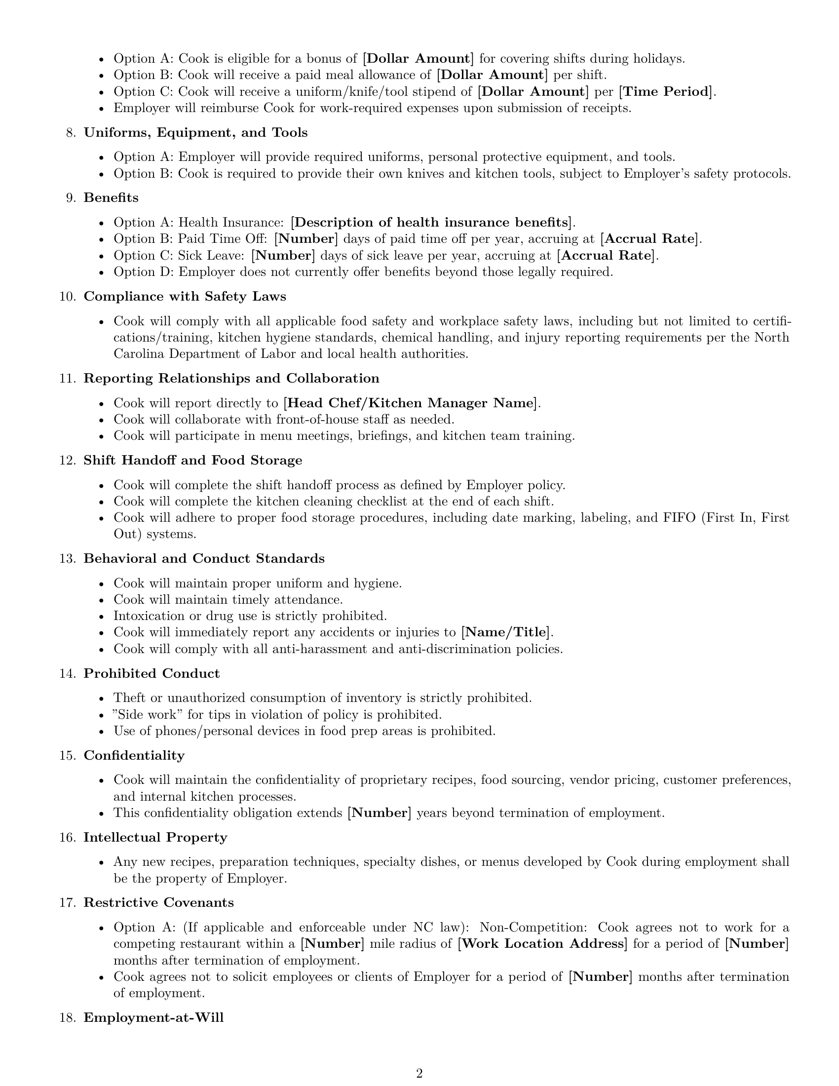 Preview page 2 of Free North Carolina cook employment contract template