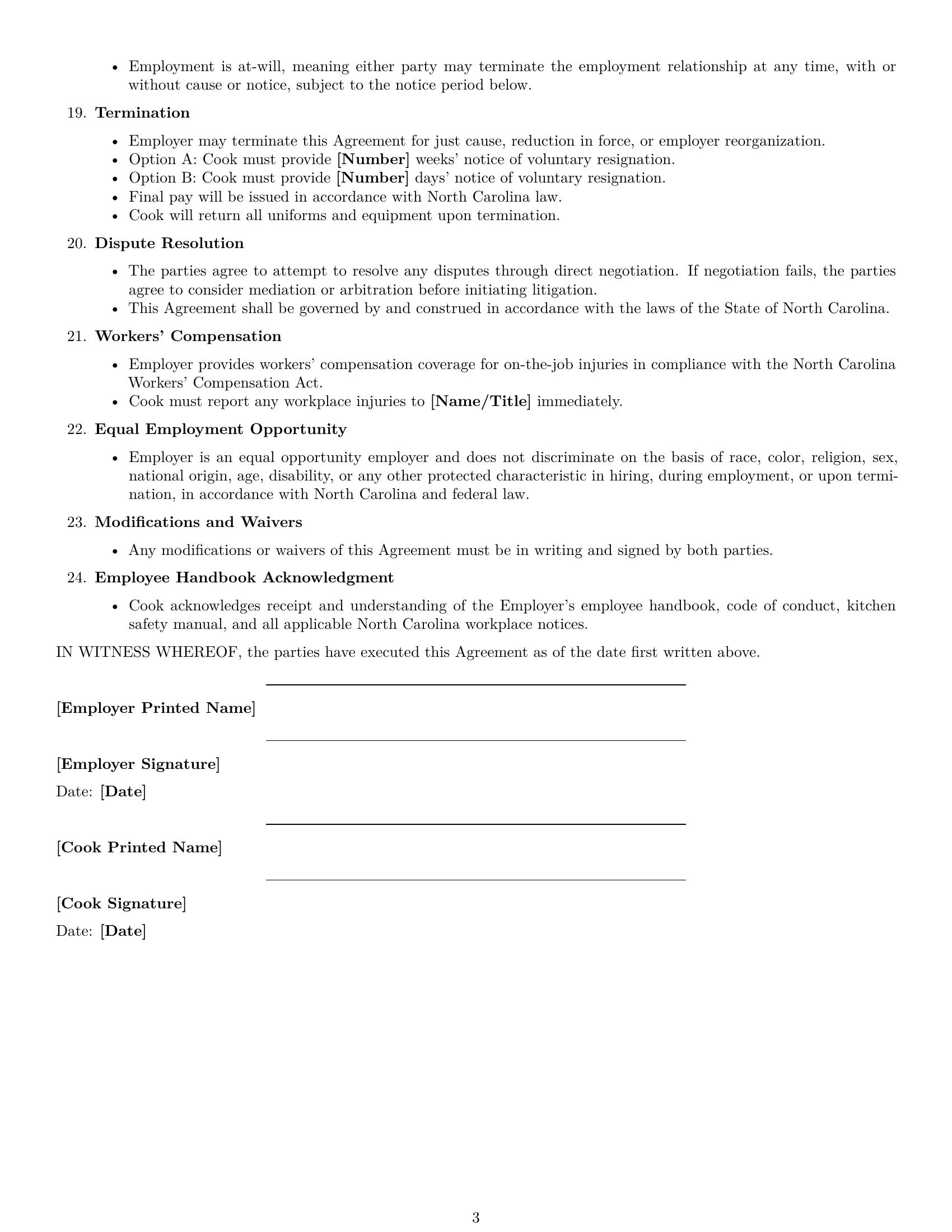 Preview page 3 of Free North Carolina cook employment contract template