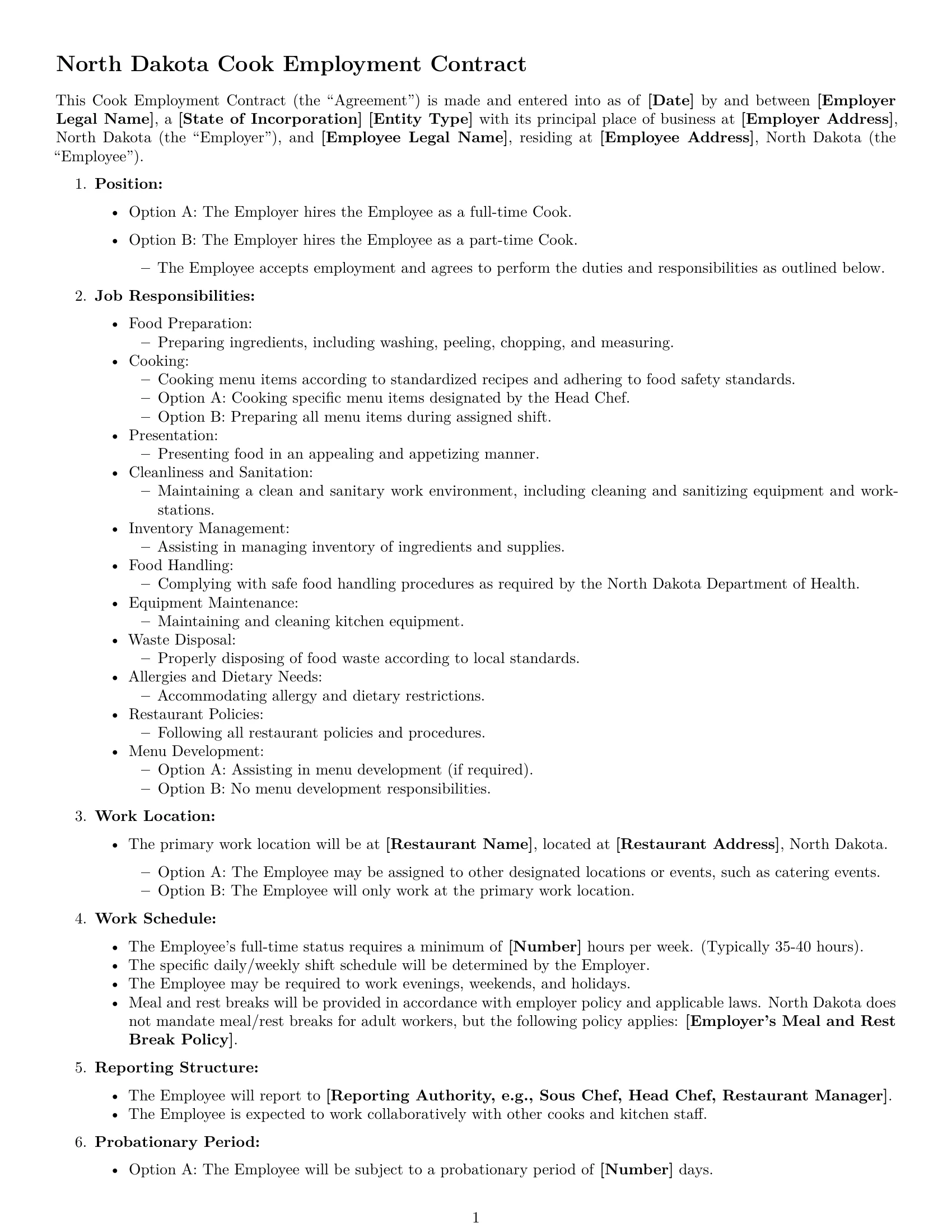Preview page 1 of Free North Dakota cook employment contract template