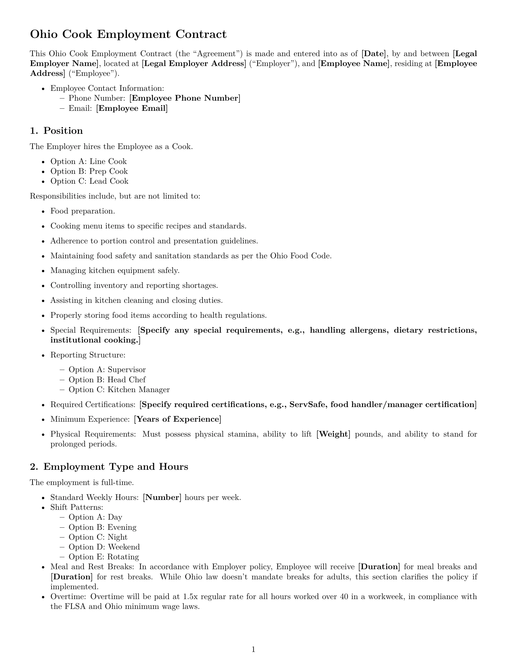 Preview page 1 of Free Ohio cook employment contract template