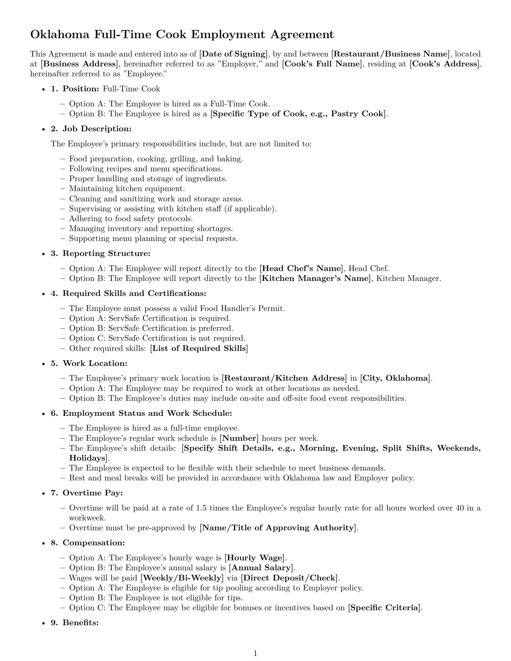Preview page 1 of Free Oklahoma cook employment contract template