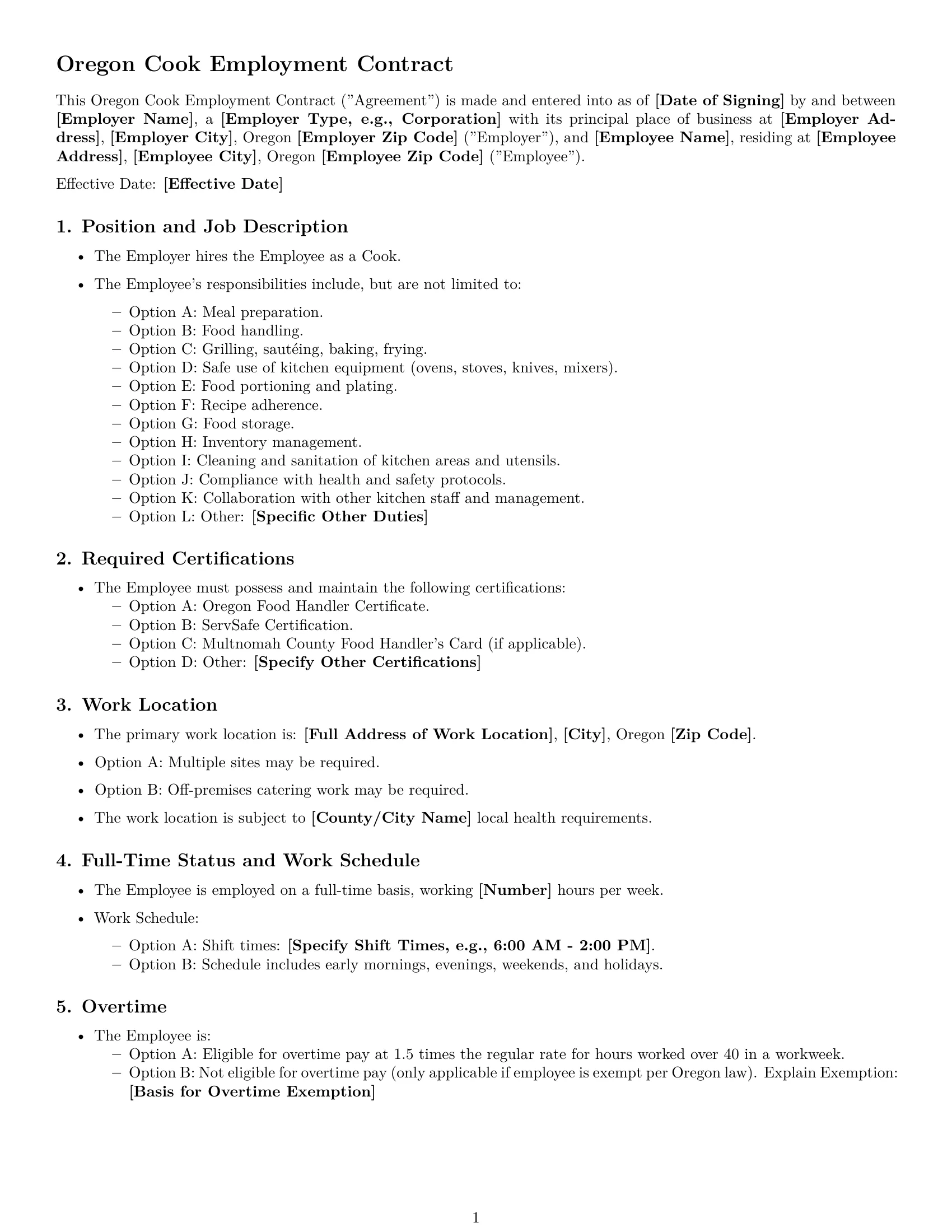 Preview page 1 of Free Oregon cook employment contract template