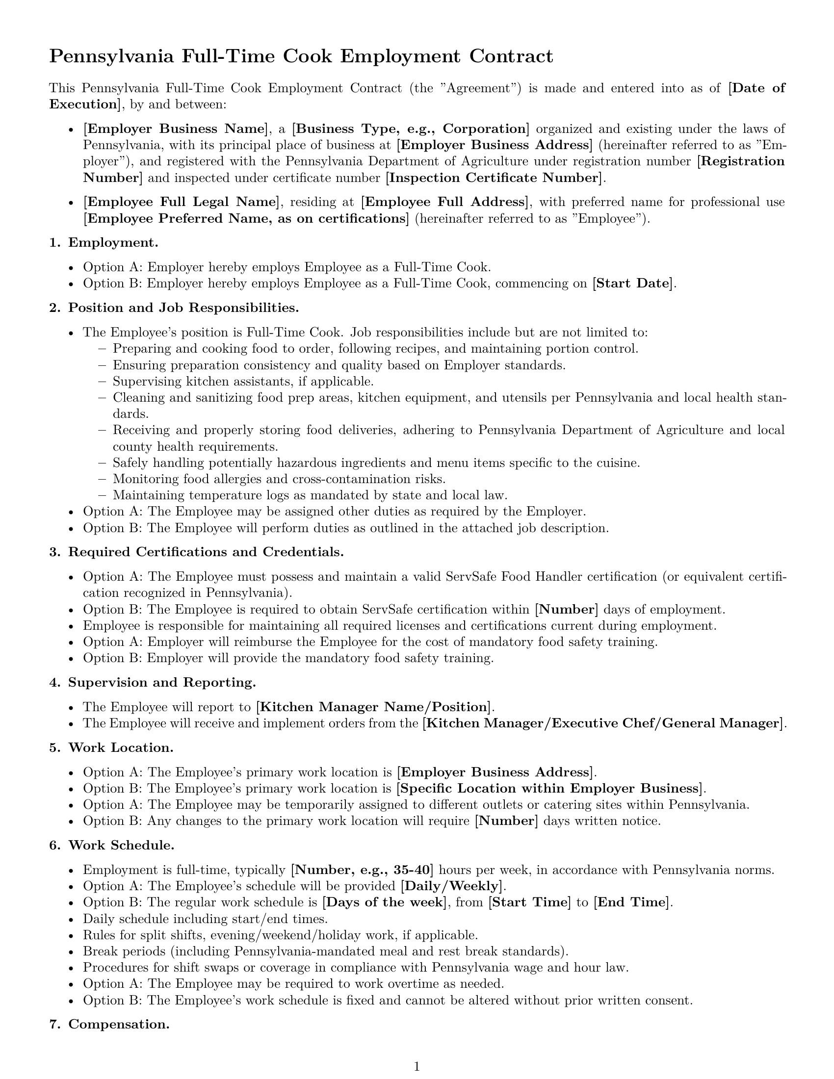 Preview page 1 of Free Pennsylvania cook employment contract template