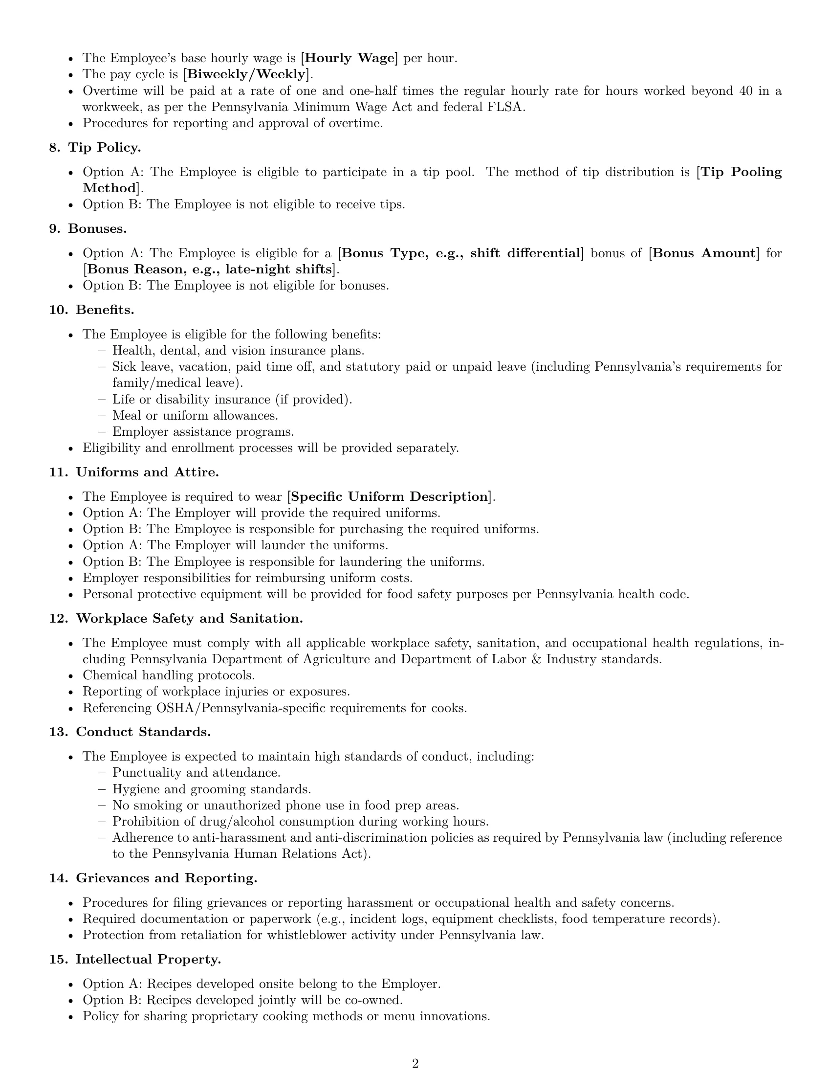 Preview page 2 of Free Pennsylvania cook employment contract template