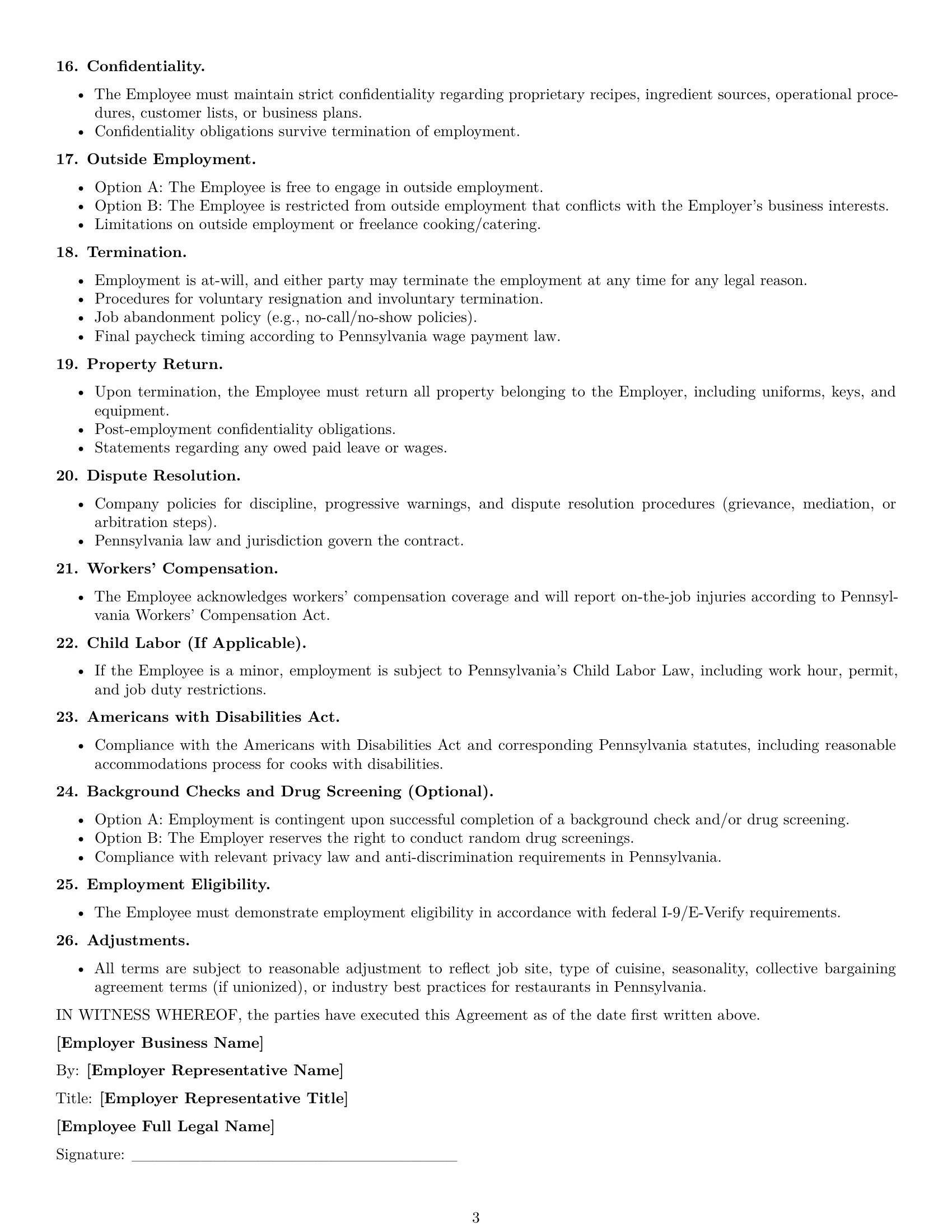 Preview page 3 of Free Pennsylvania cook employment contract template
