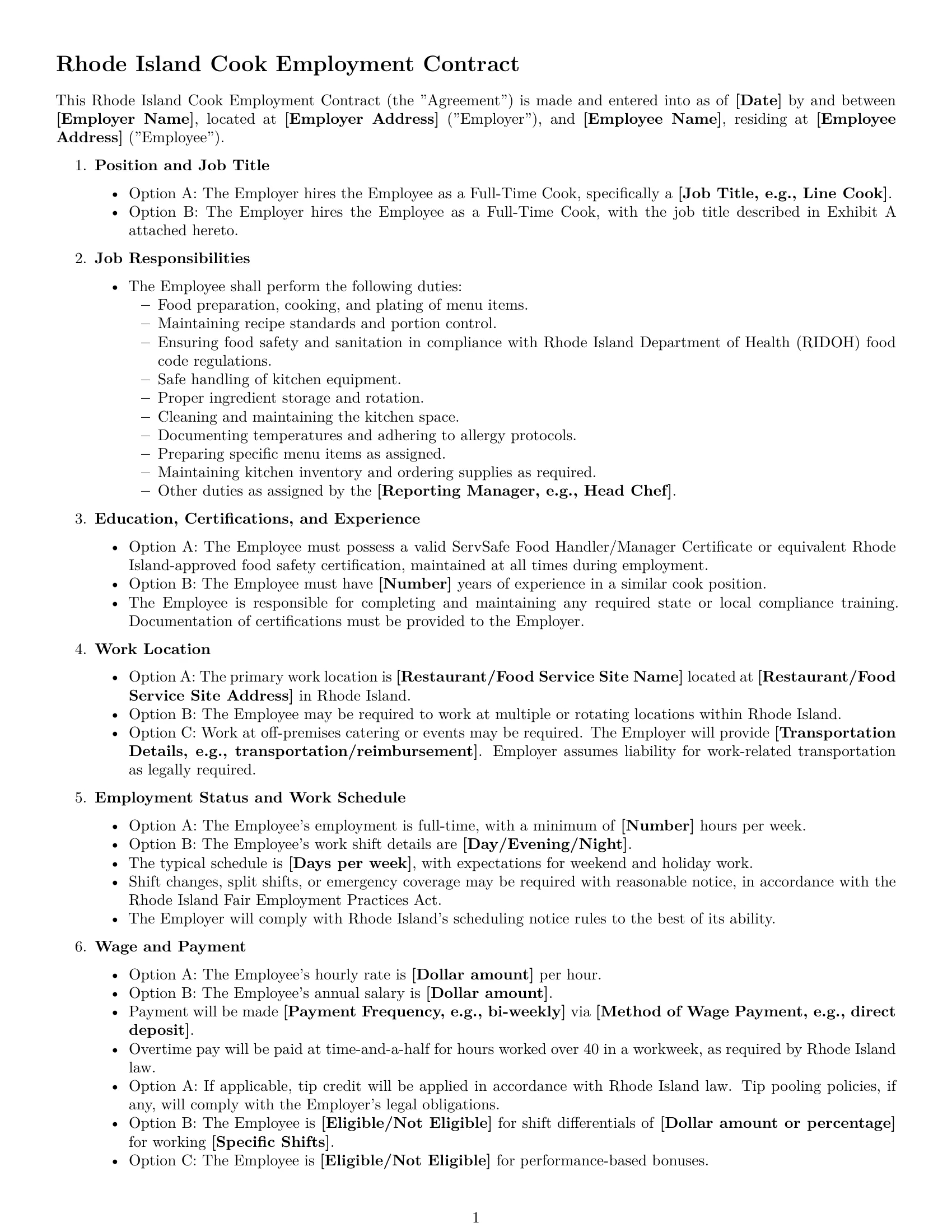 Preview page 1 of Free Rhode Island cook employment contract template