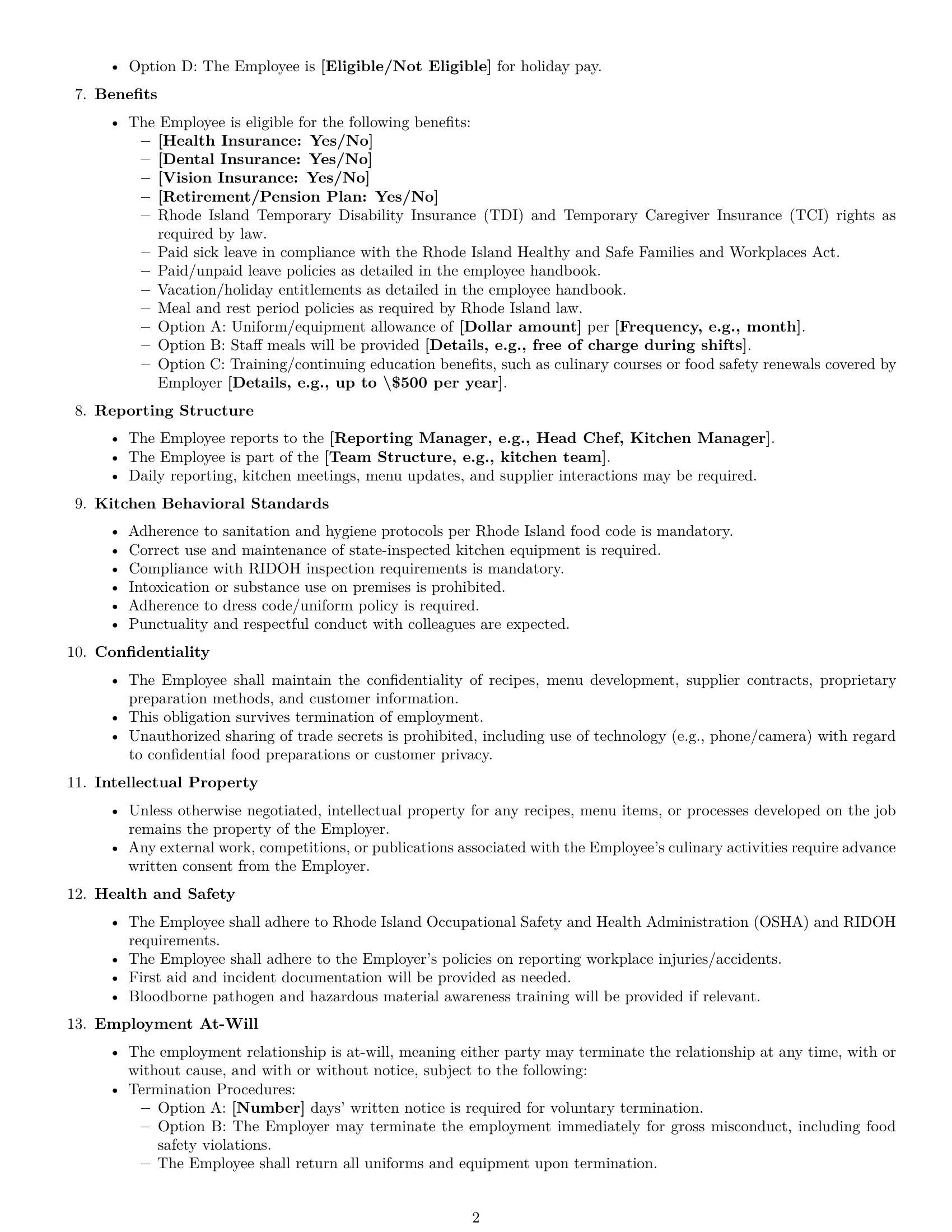 Preview page 2 of Free Rhode Island cook employment contract template