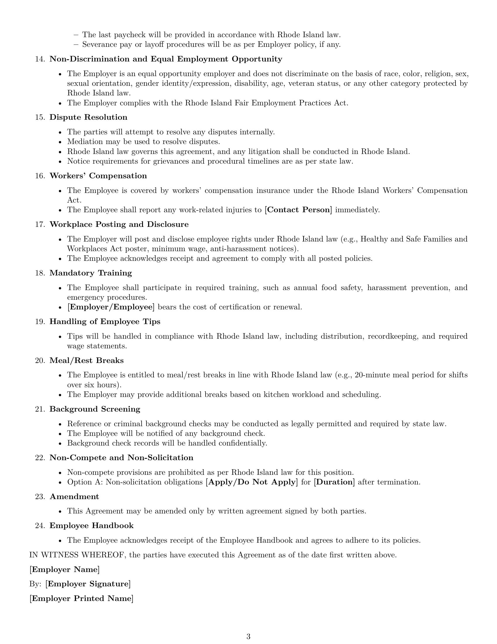 Preview page 3 of Free Rhode Island cook employment contract template