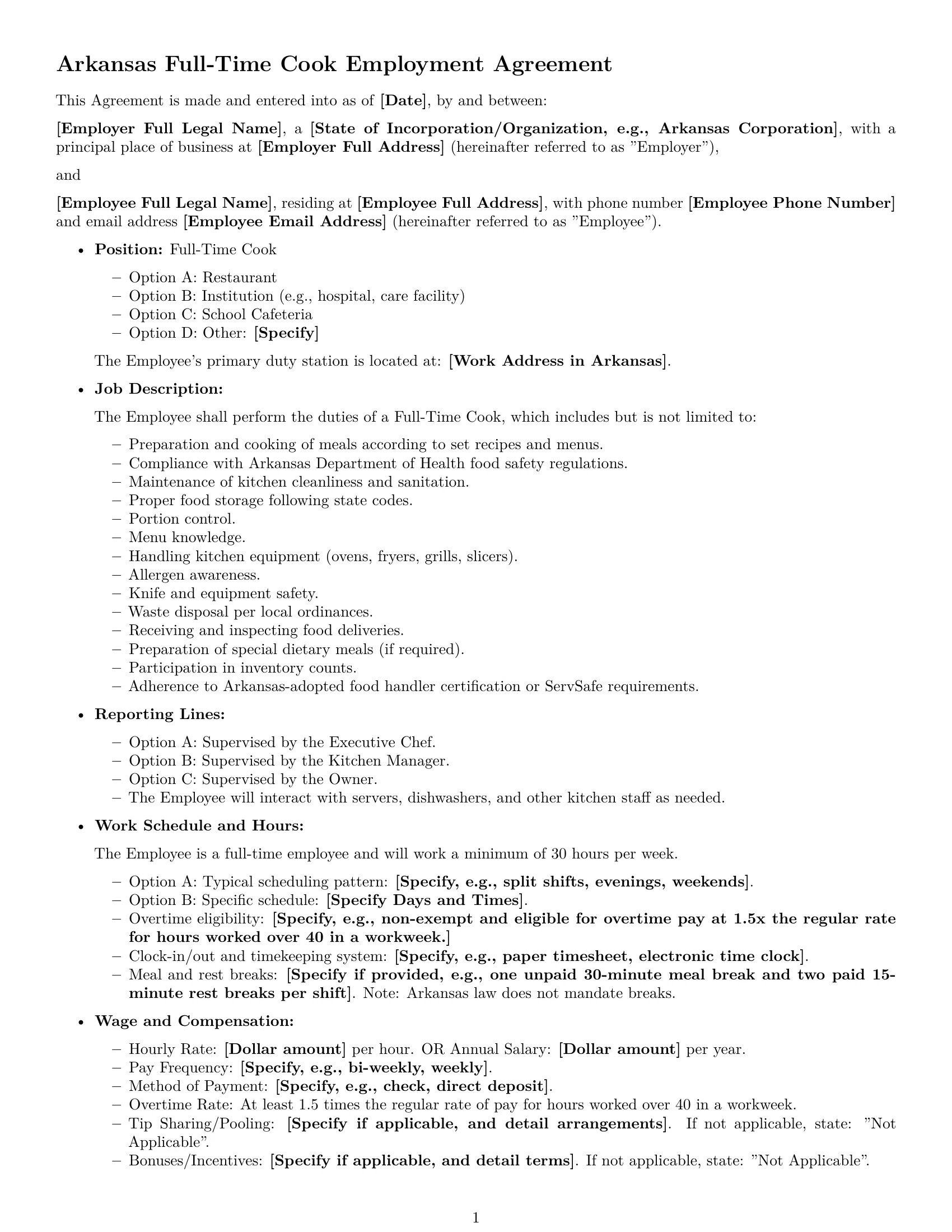 Preview page 1 of Free Arkansas cook employment contract template