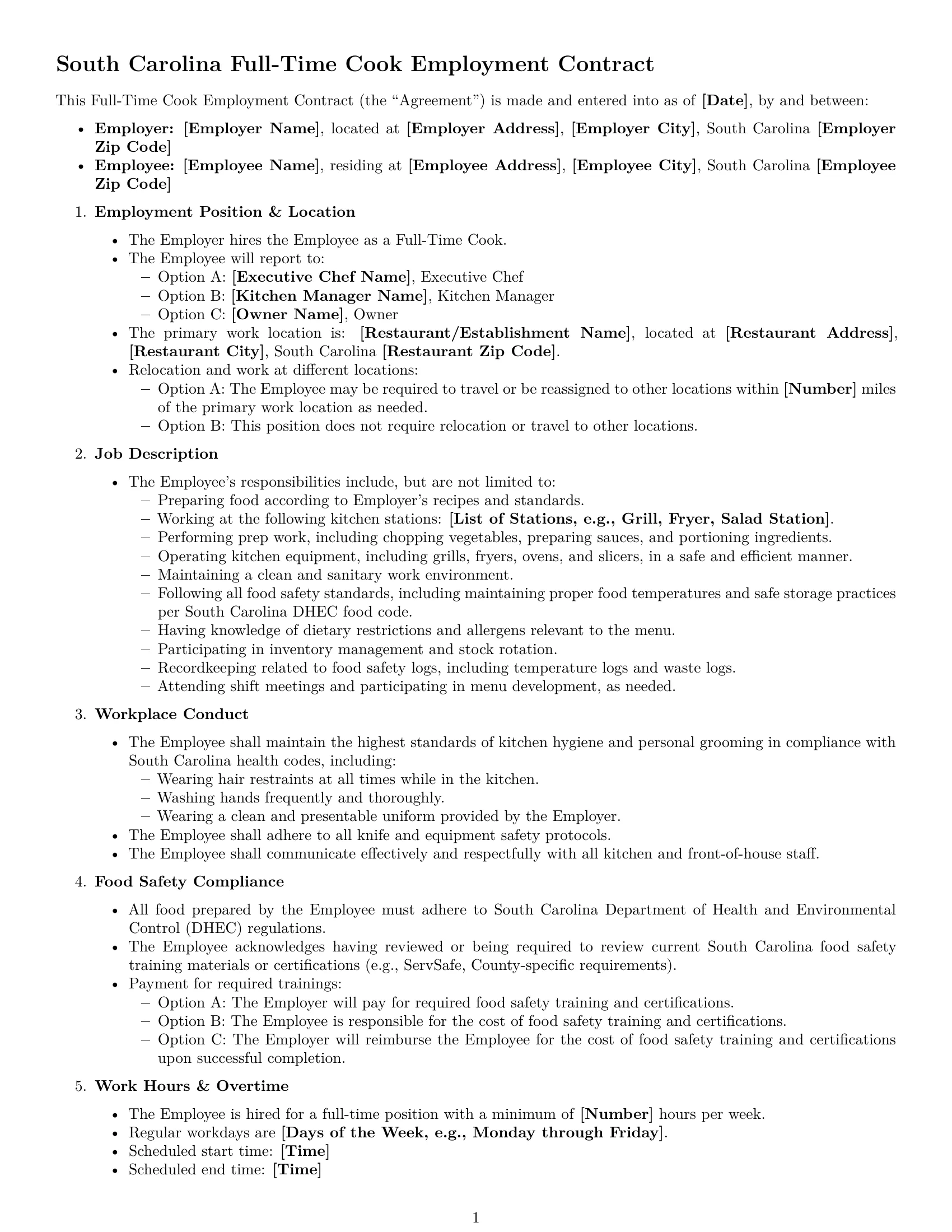 Preview page 1 of Free South Carolina cook employment contract template