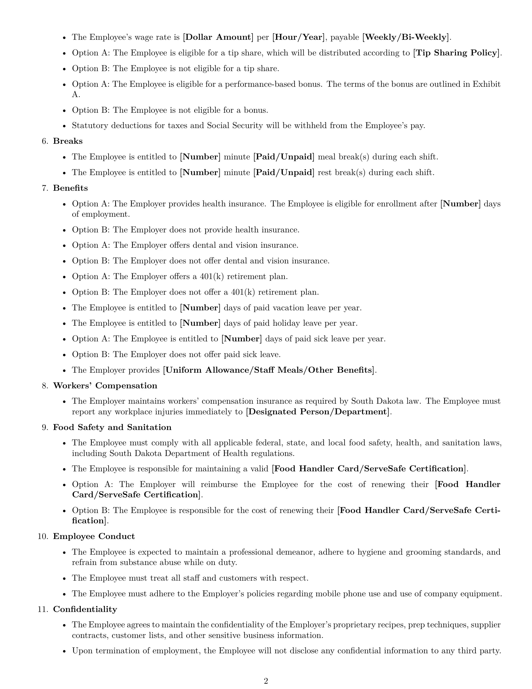 Preview page 2 of Free South Dakota cook employment contract template