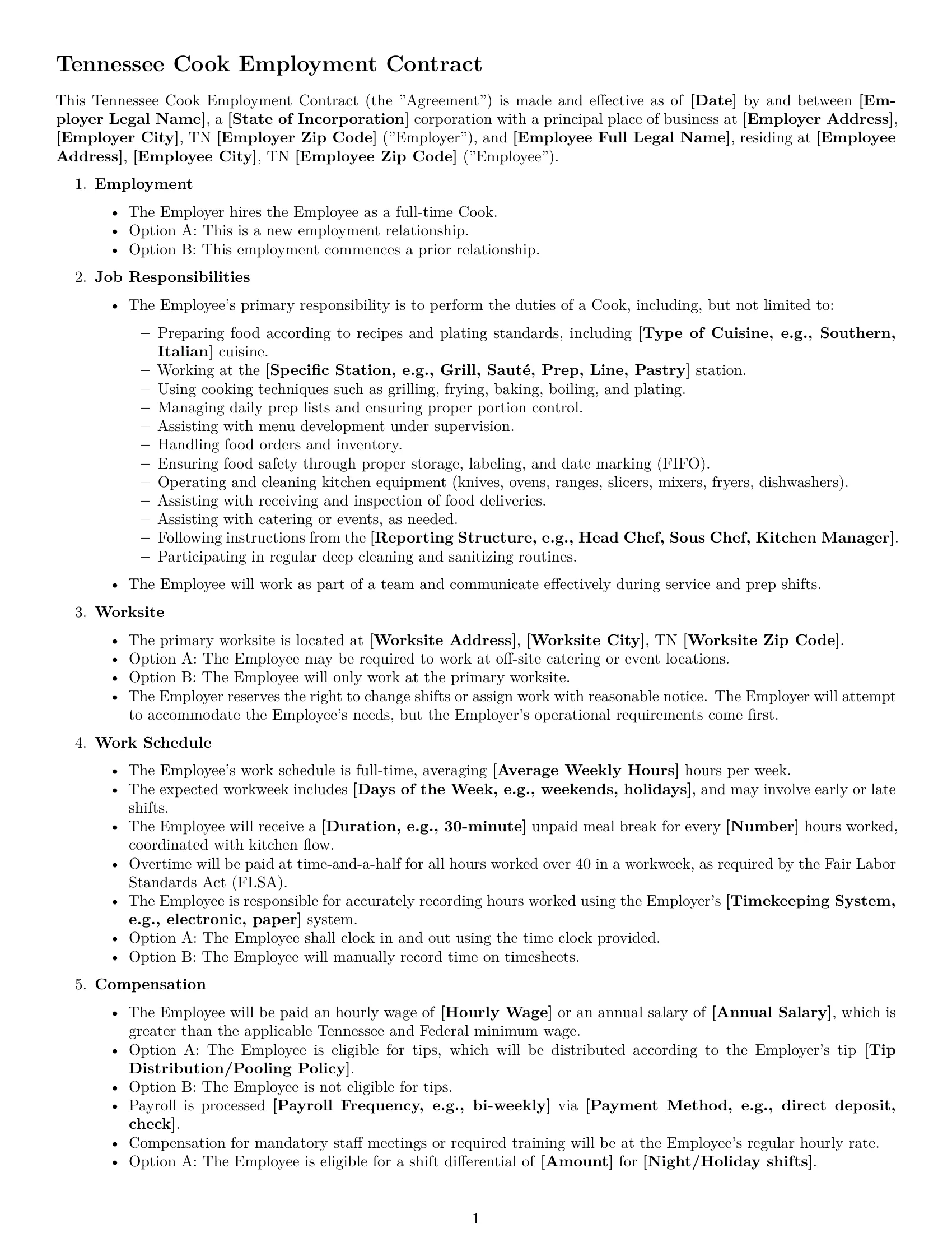 Preview page 1 of Free Tennessee cook employment contract template