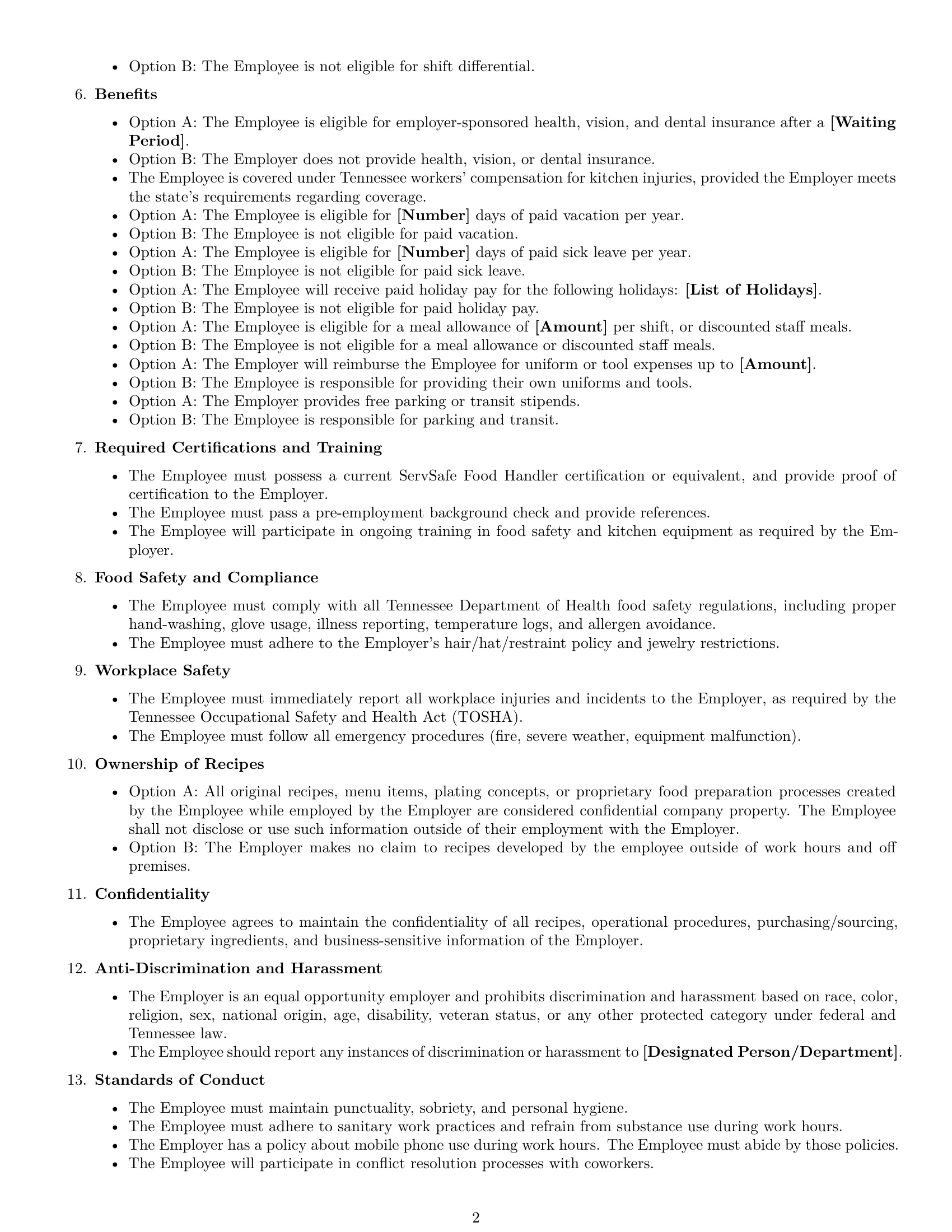 Preview page 2 of Free Tennessee cook employment contract template