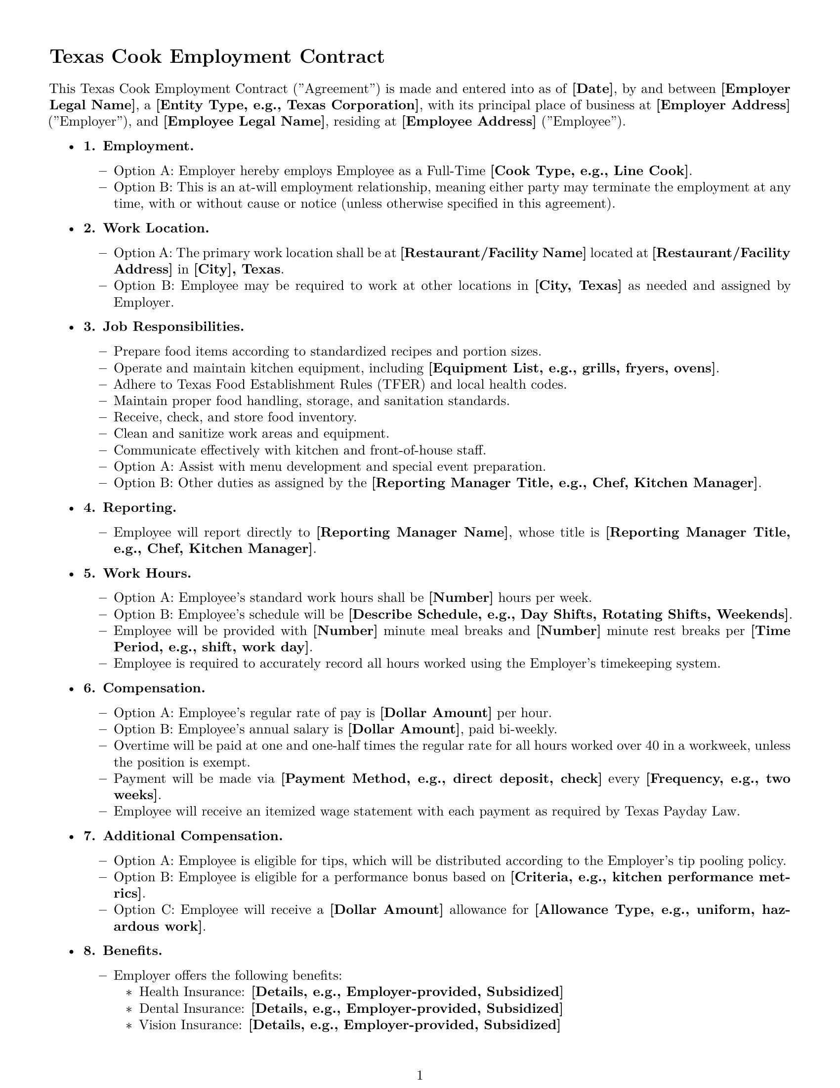 Preview page 1 of Free Texas cook employment contract template
