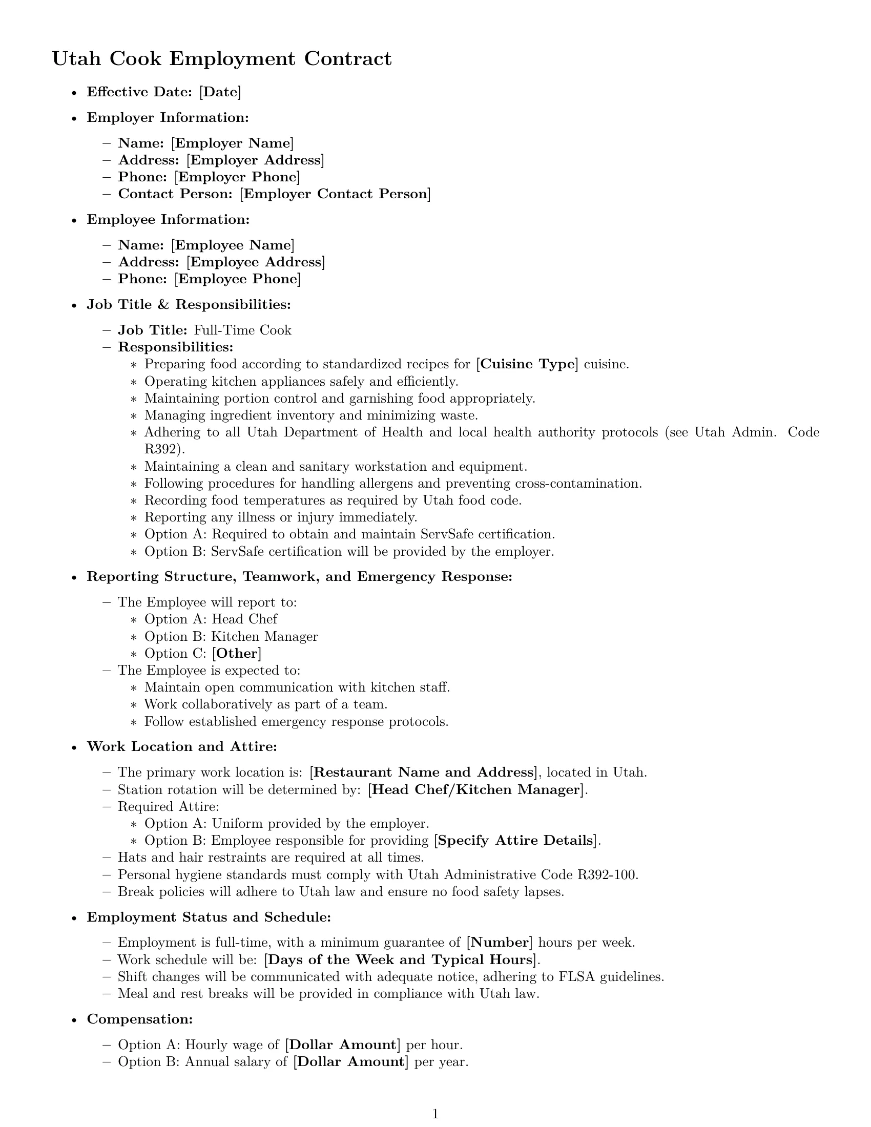 Preview page 1 of Free Utah cook employment contract template