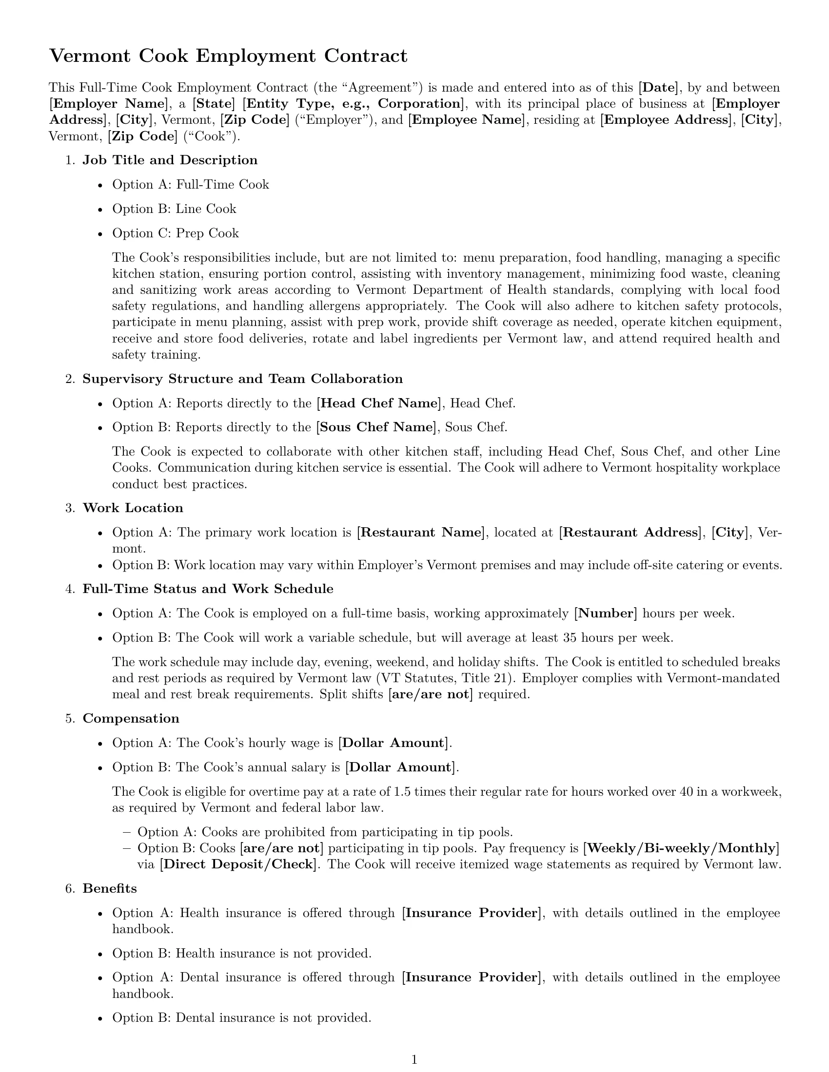 Preview page 1 of Free Vermont cook employment contract template