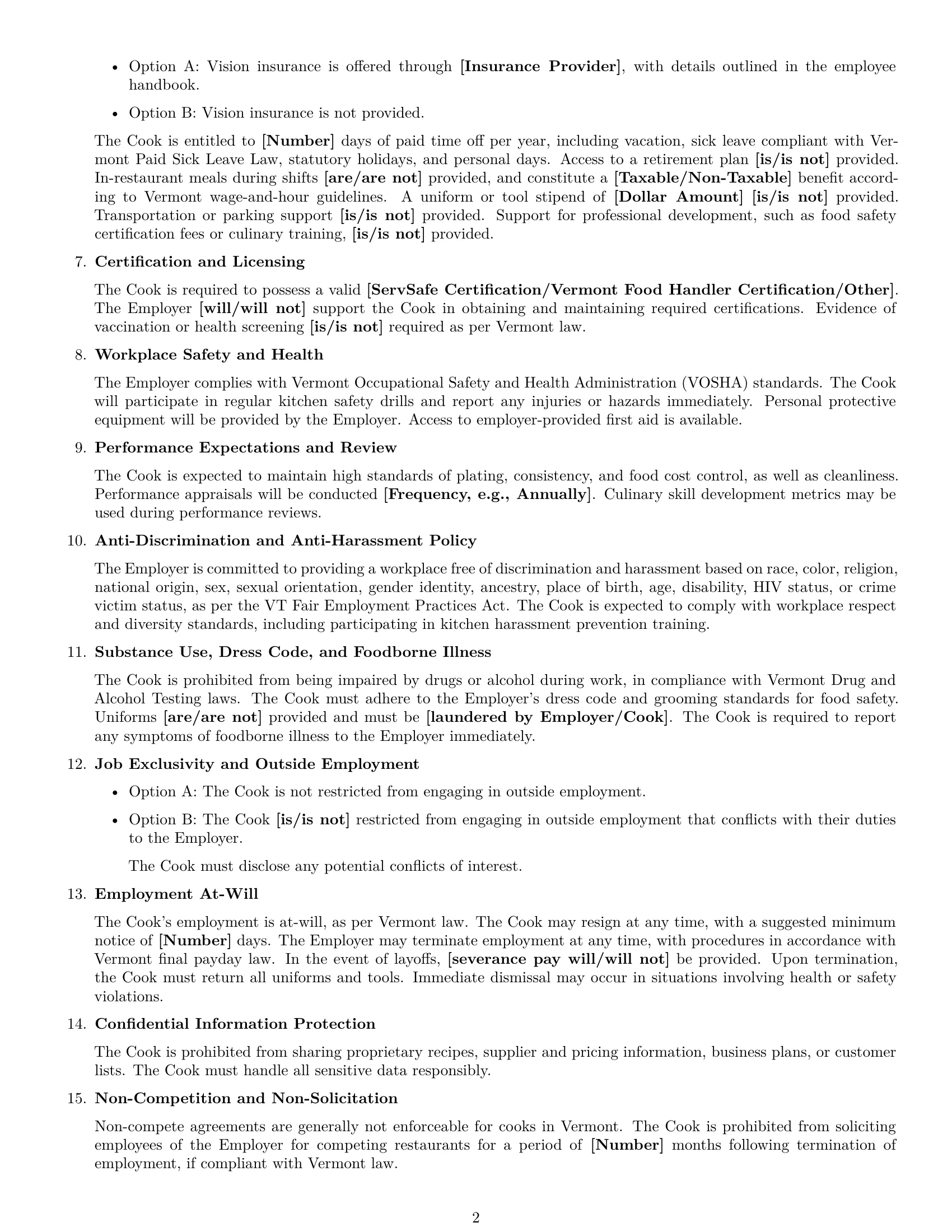 Preview page 2 of Free Vermont cook employment contract template