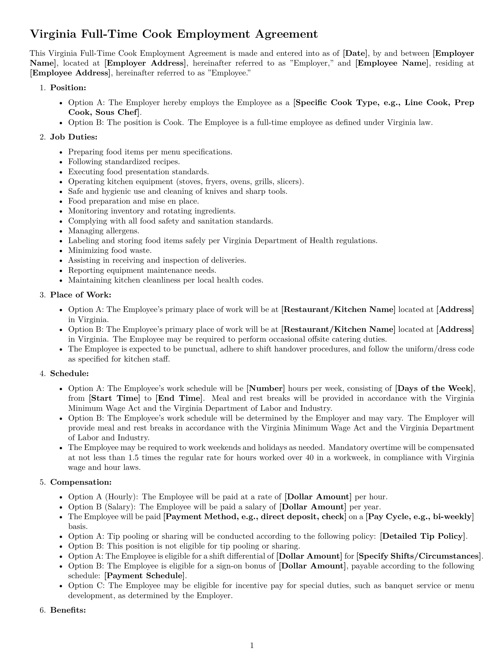 Preview page 1 of Free Virginia cook employment contract template