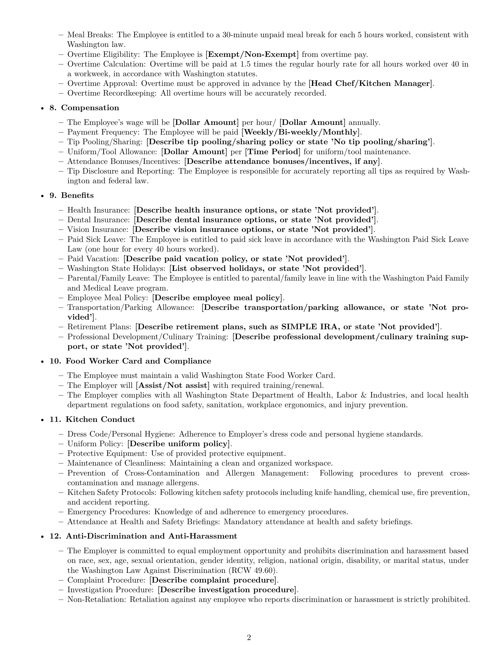Preview page 2 of Free Washington cook employment contract template