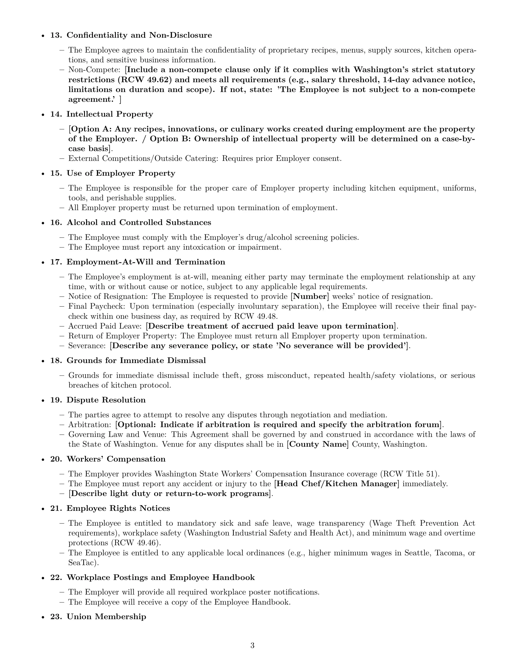 Preview page 3 of Free Washington cook employment contract template