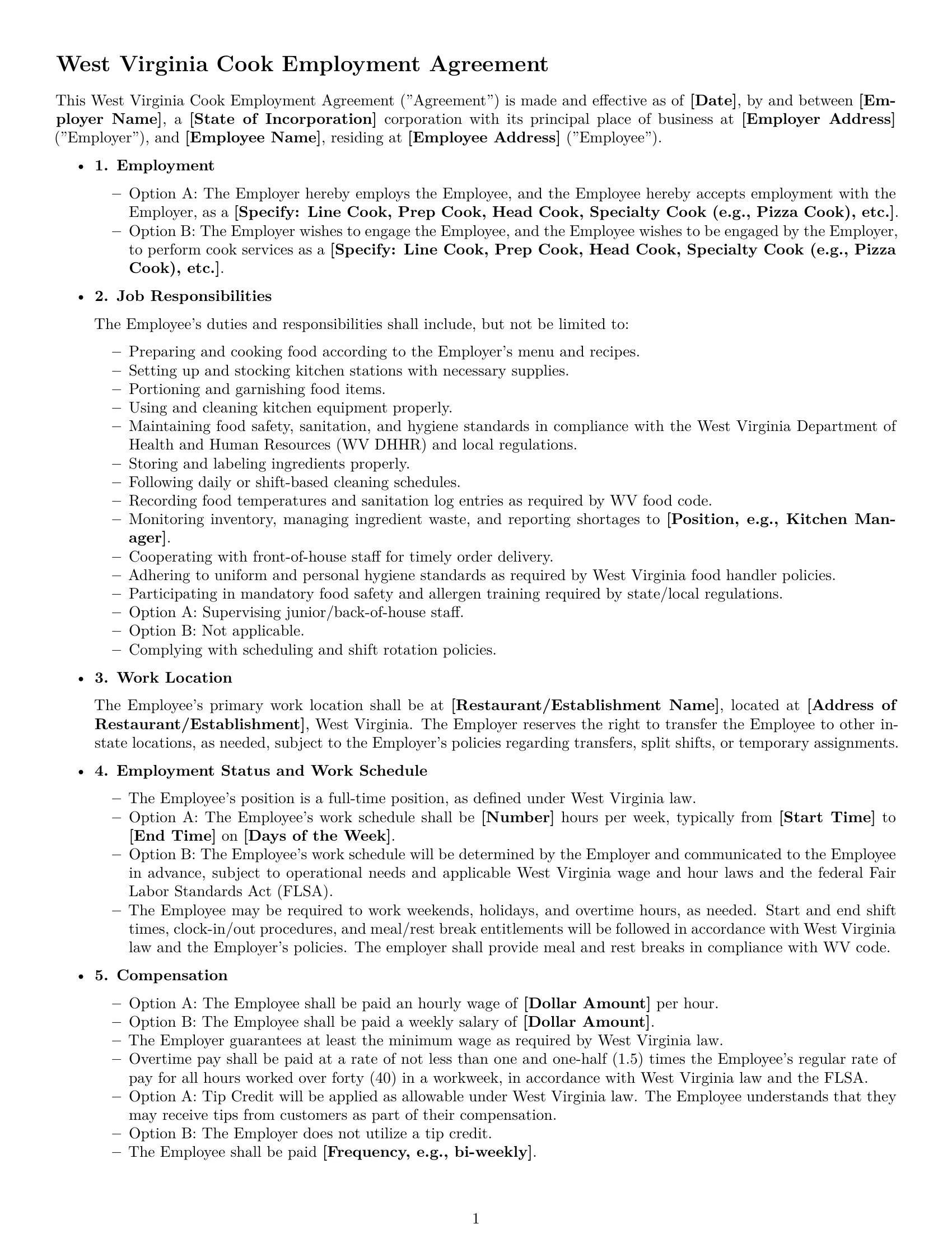 Preview page 1 of Free West Virginia cook employment contract template