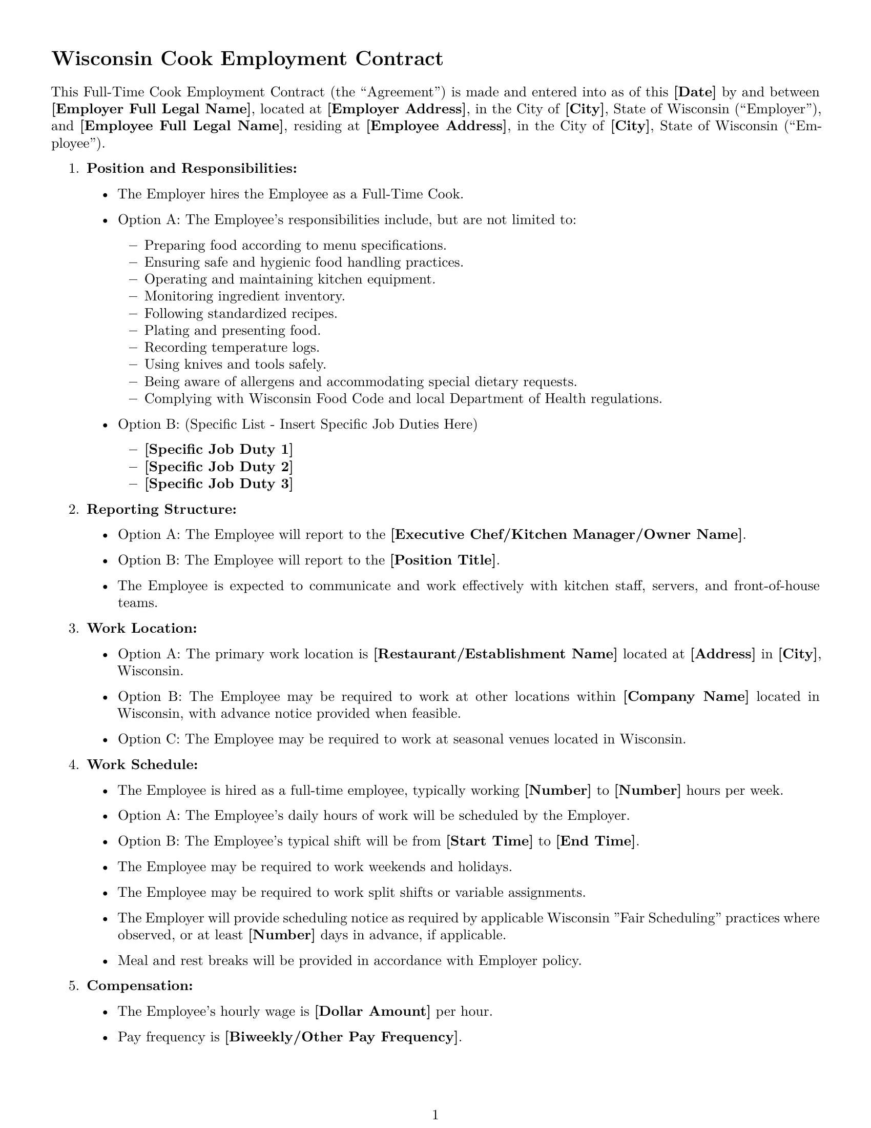Preview page 1 of Free Wisconsin cook employment contract template