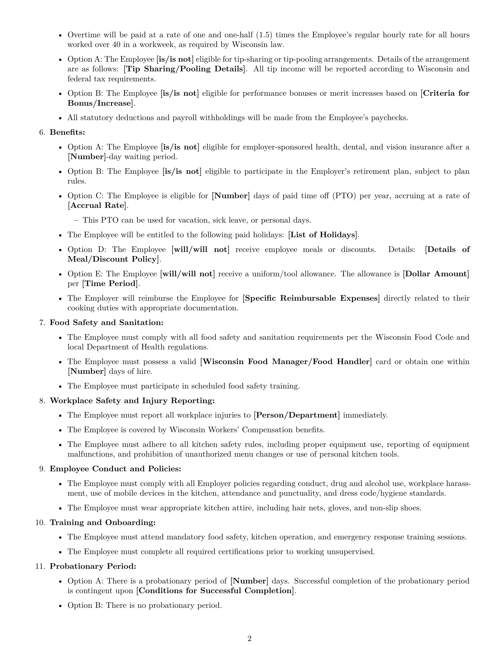 Preview page 2 of Free Wisconsin cook employment contract template