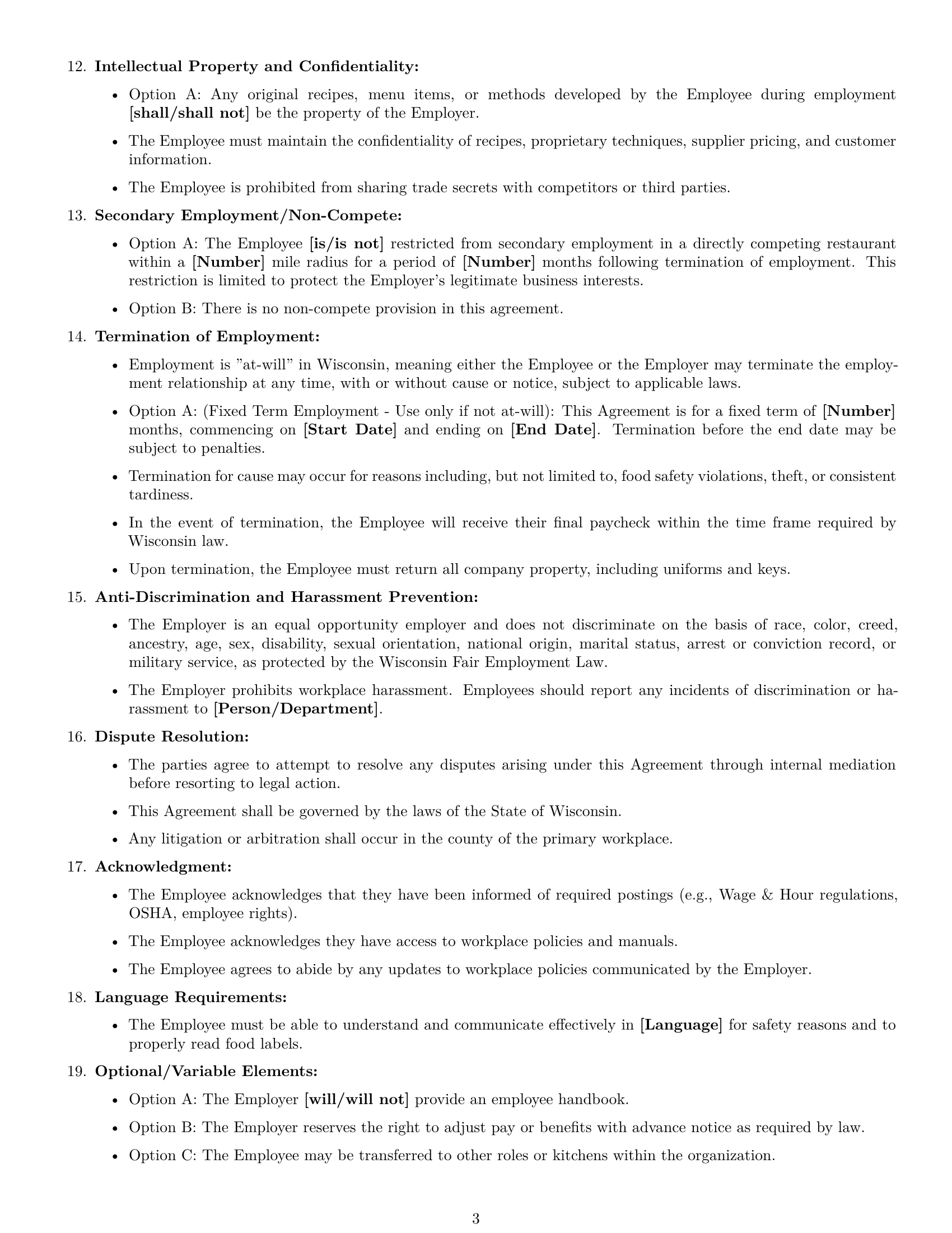 Preview page 3 of Free Wisconsin cook employment contract template