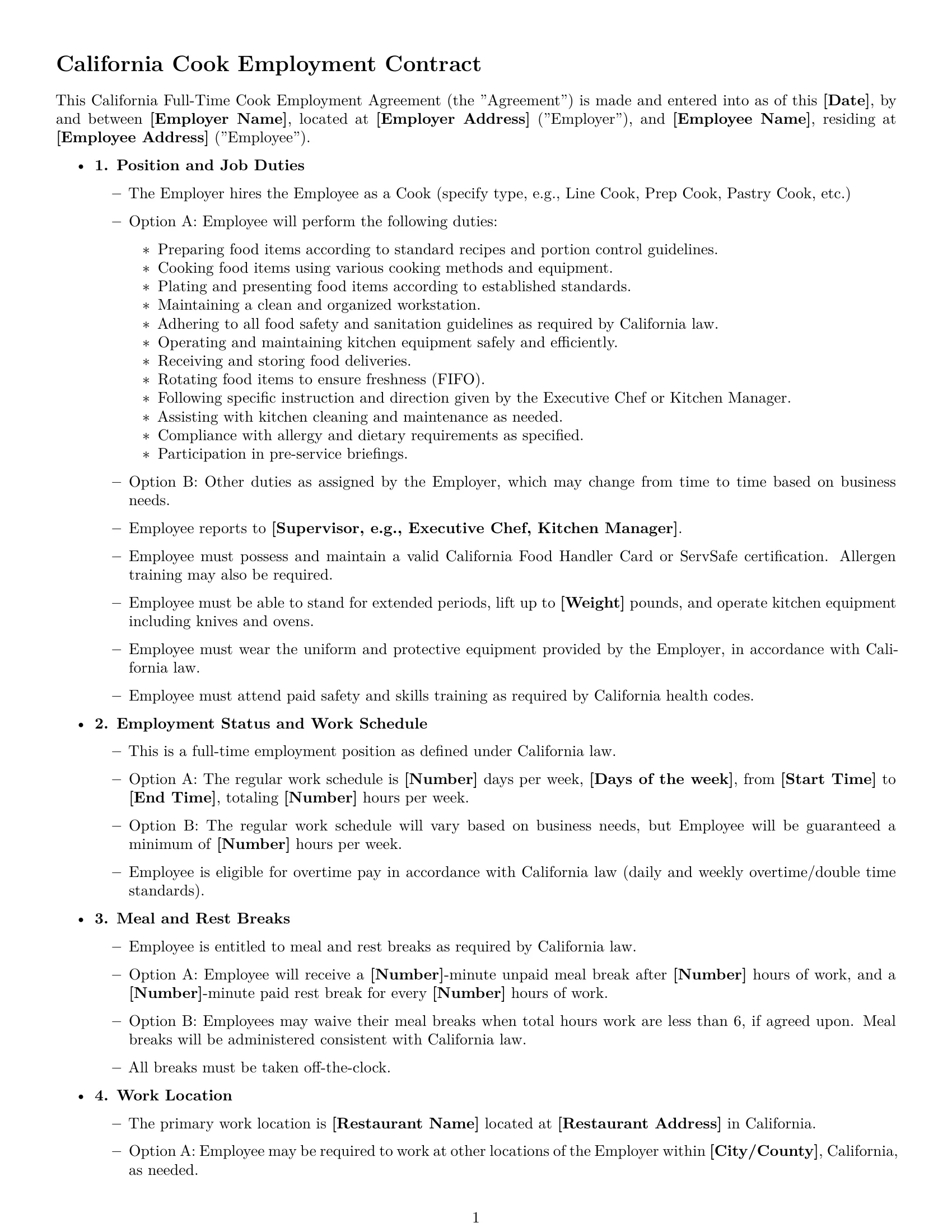 Preview page 1 of Free California cook employment contract template