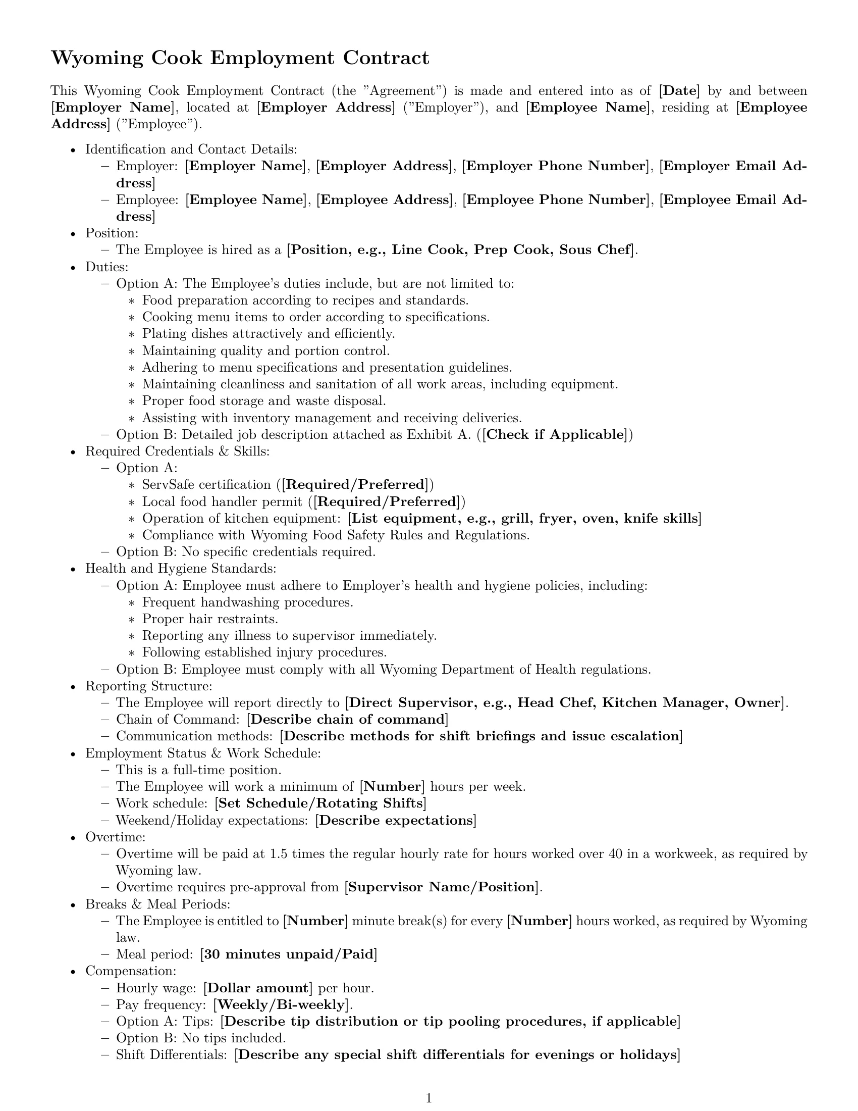 Preview page 1 of Free Wyoming cook employment contract template