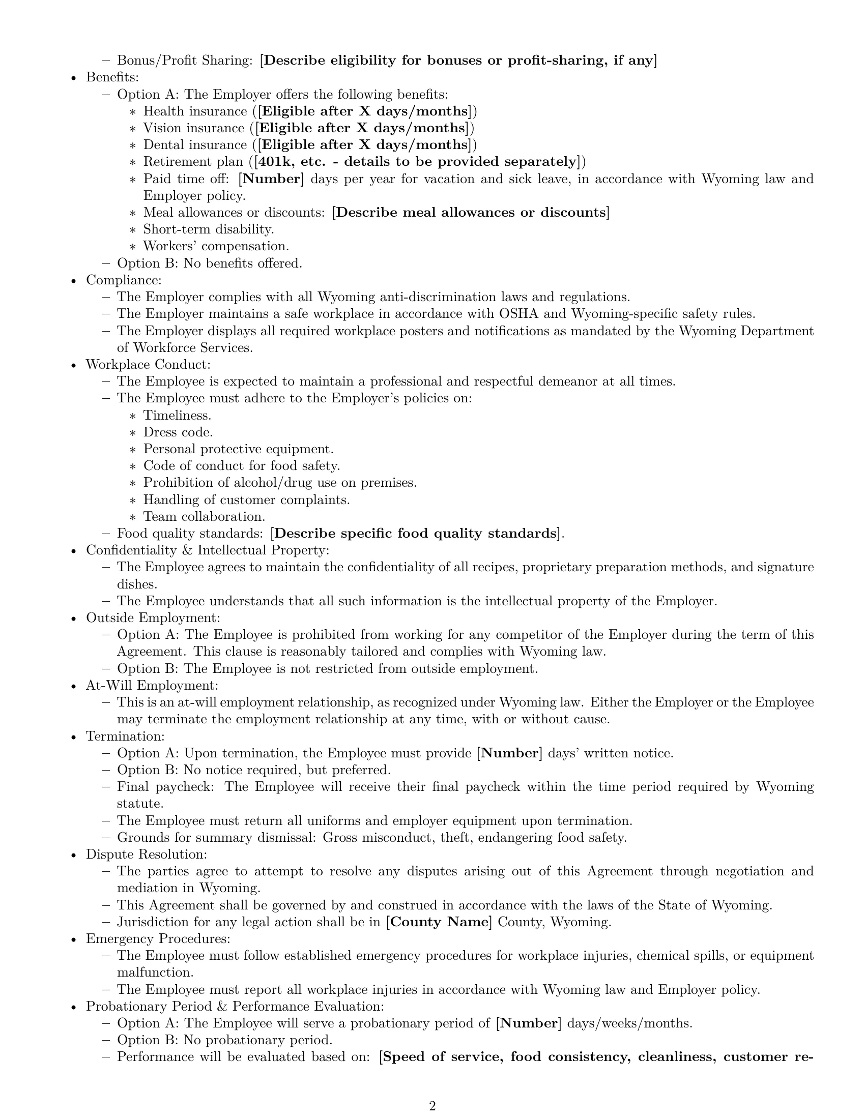 Preview page 2 of Free Wyoming cook employment contract template