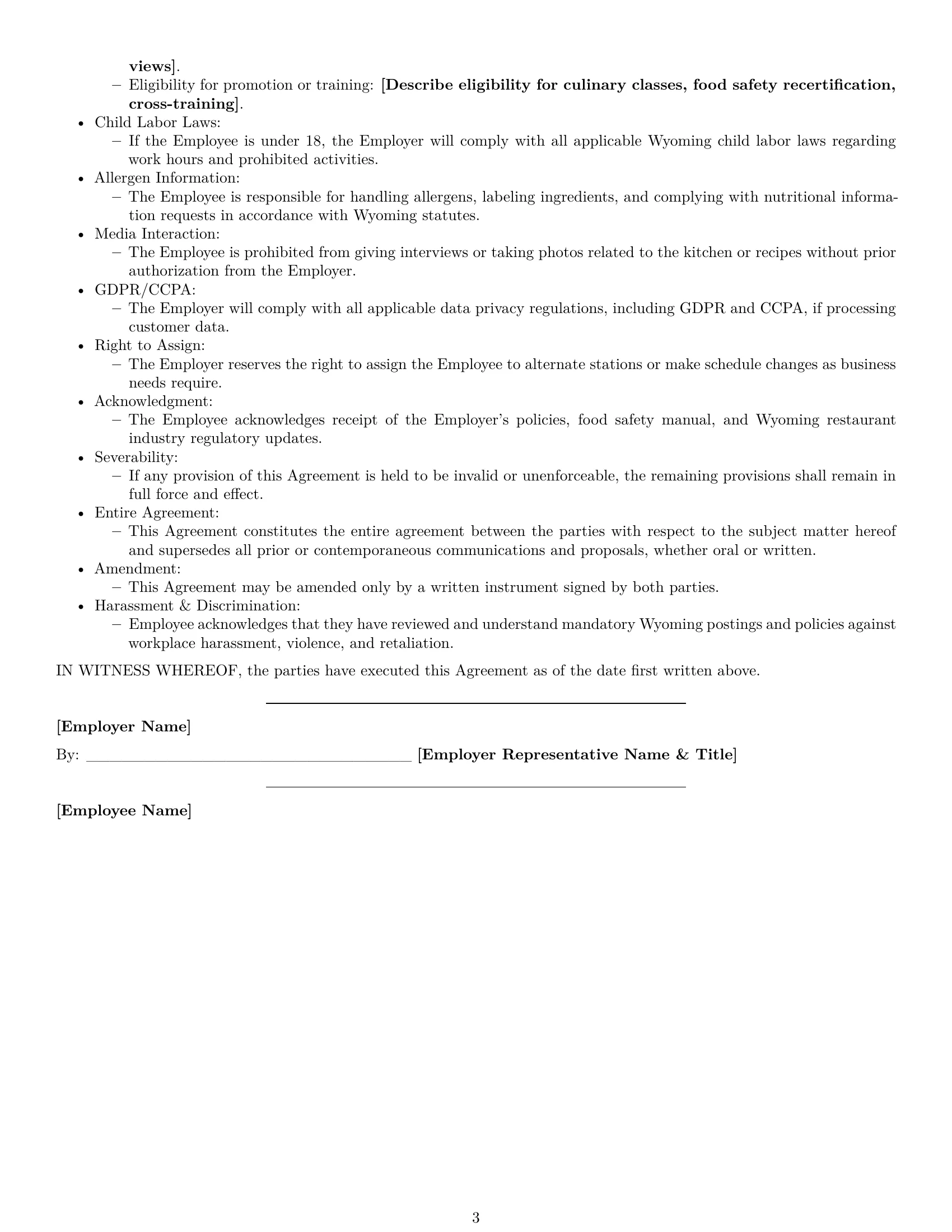 Preview page 3 of Free Wyoming cook employment contract template