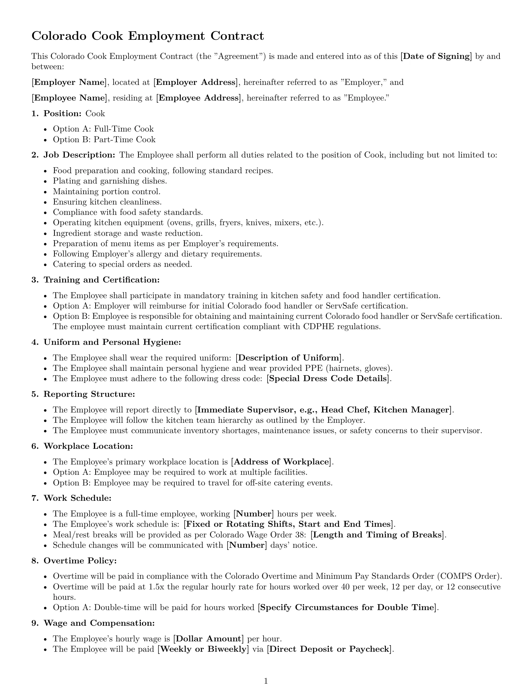Preview page 1 of Free Colorado cook employment contract template