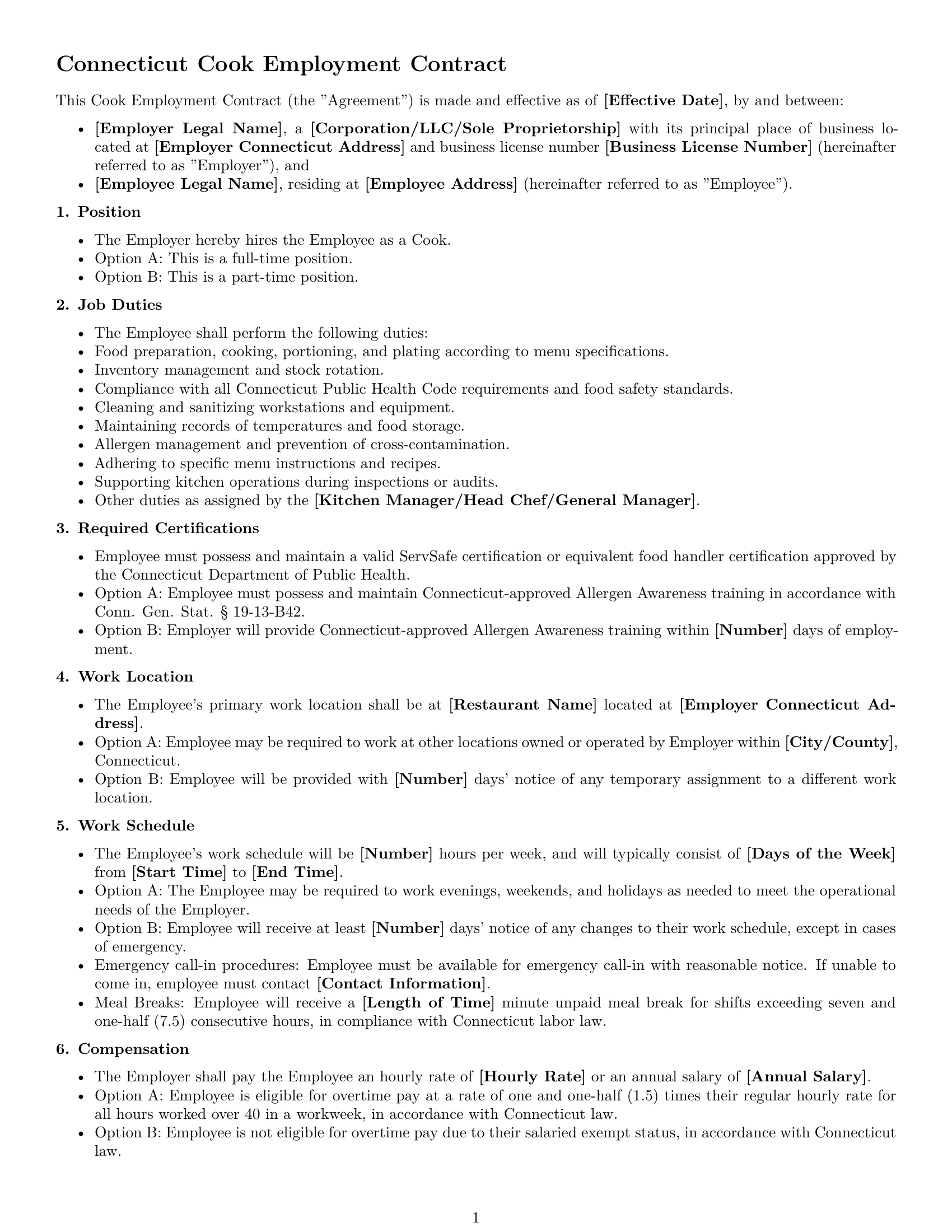 Preview page 1 of Free Connecticut cook employment contract template