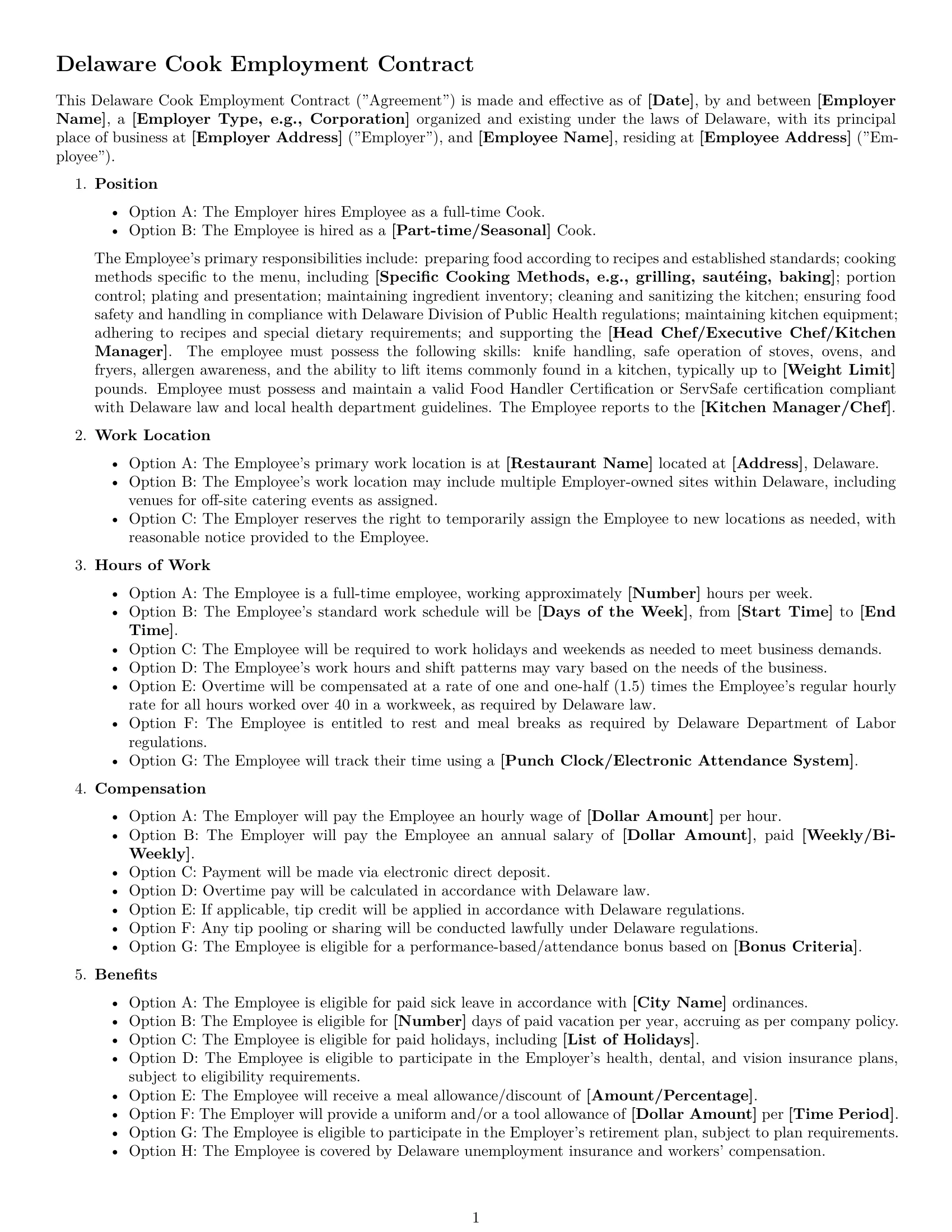 Preview page 1 of Free Delaware cook employment contract template
