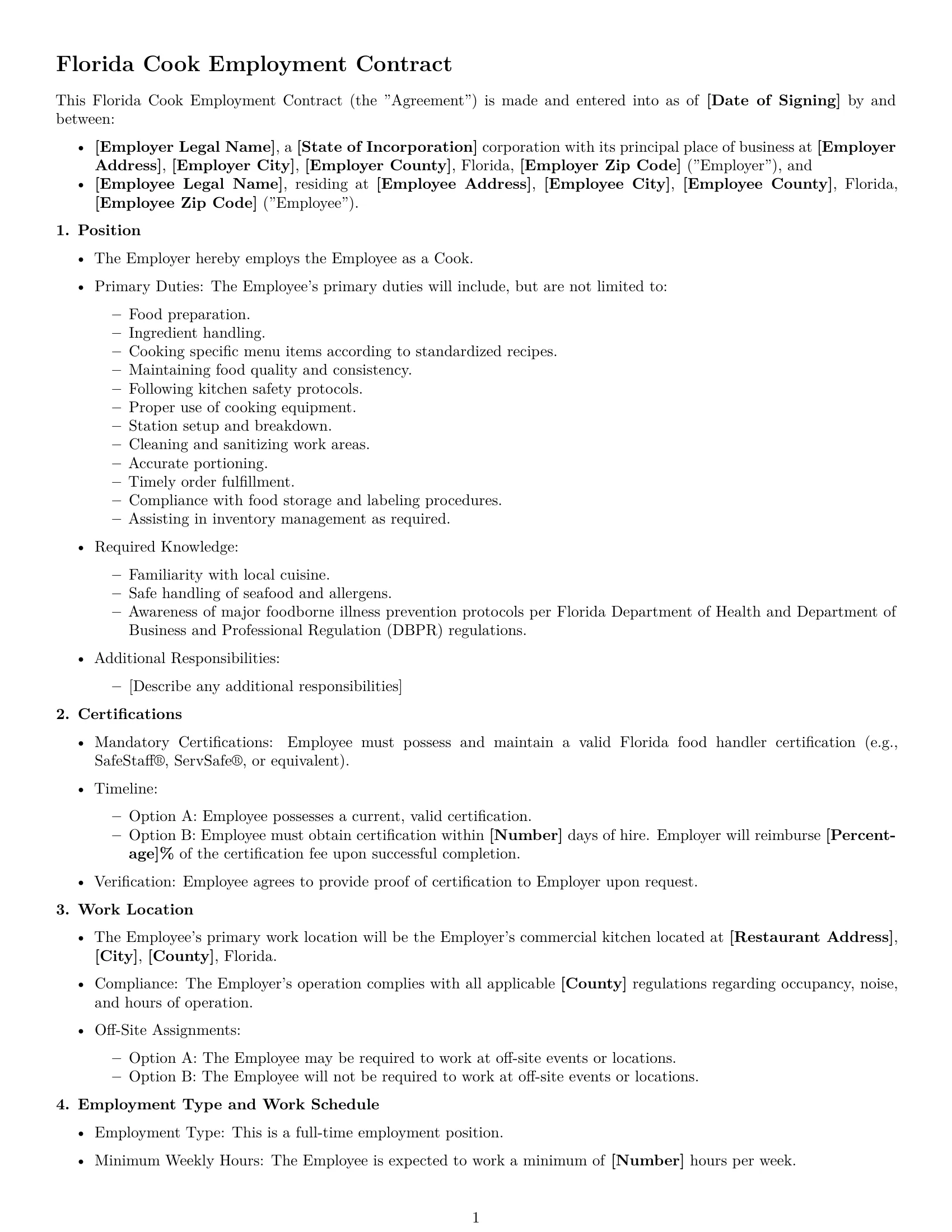 Preview page 1 of Free Florida cook employment contract template