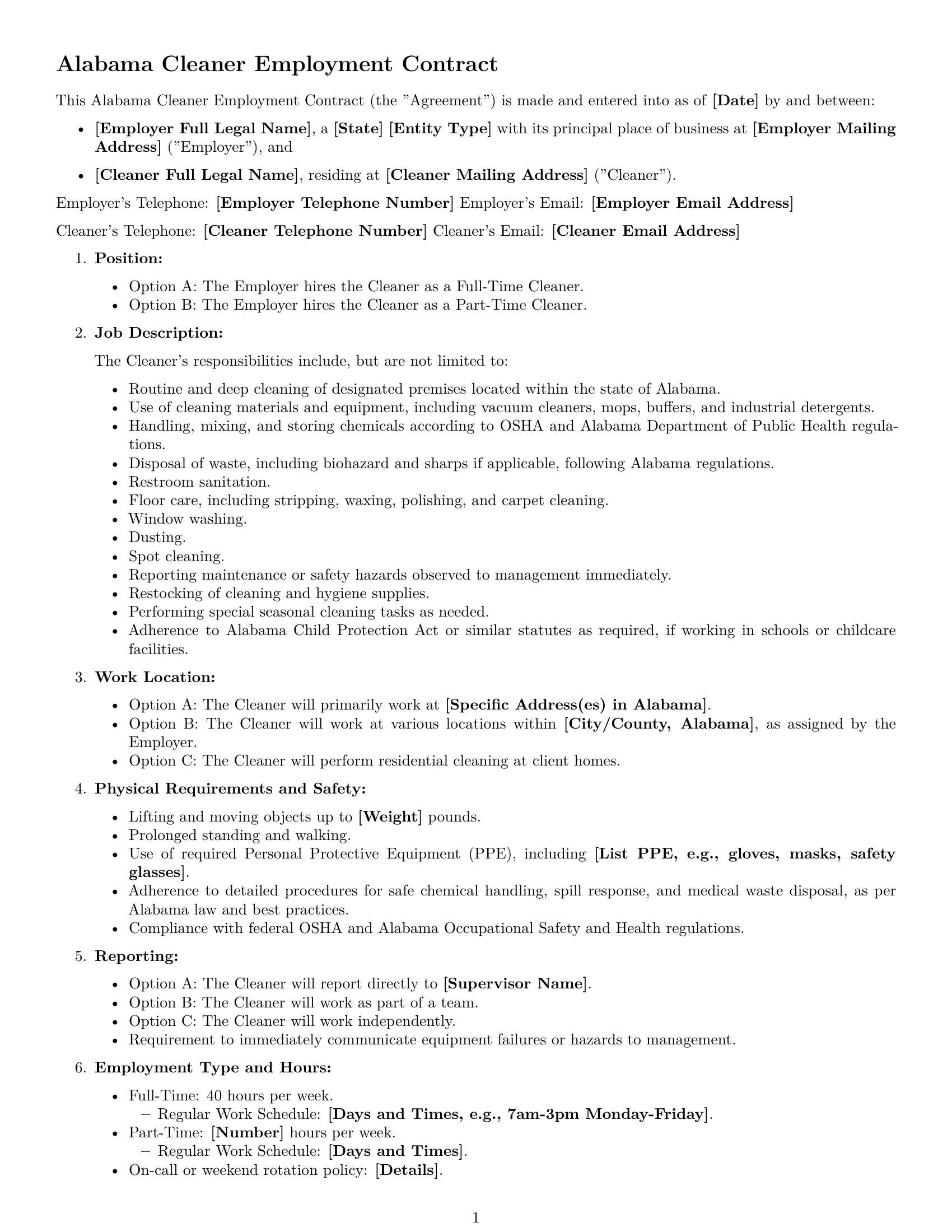 Preview page 1 of Free Alabama cleaner employment contract template