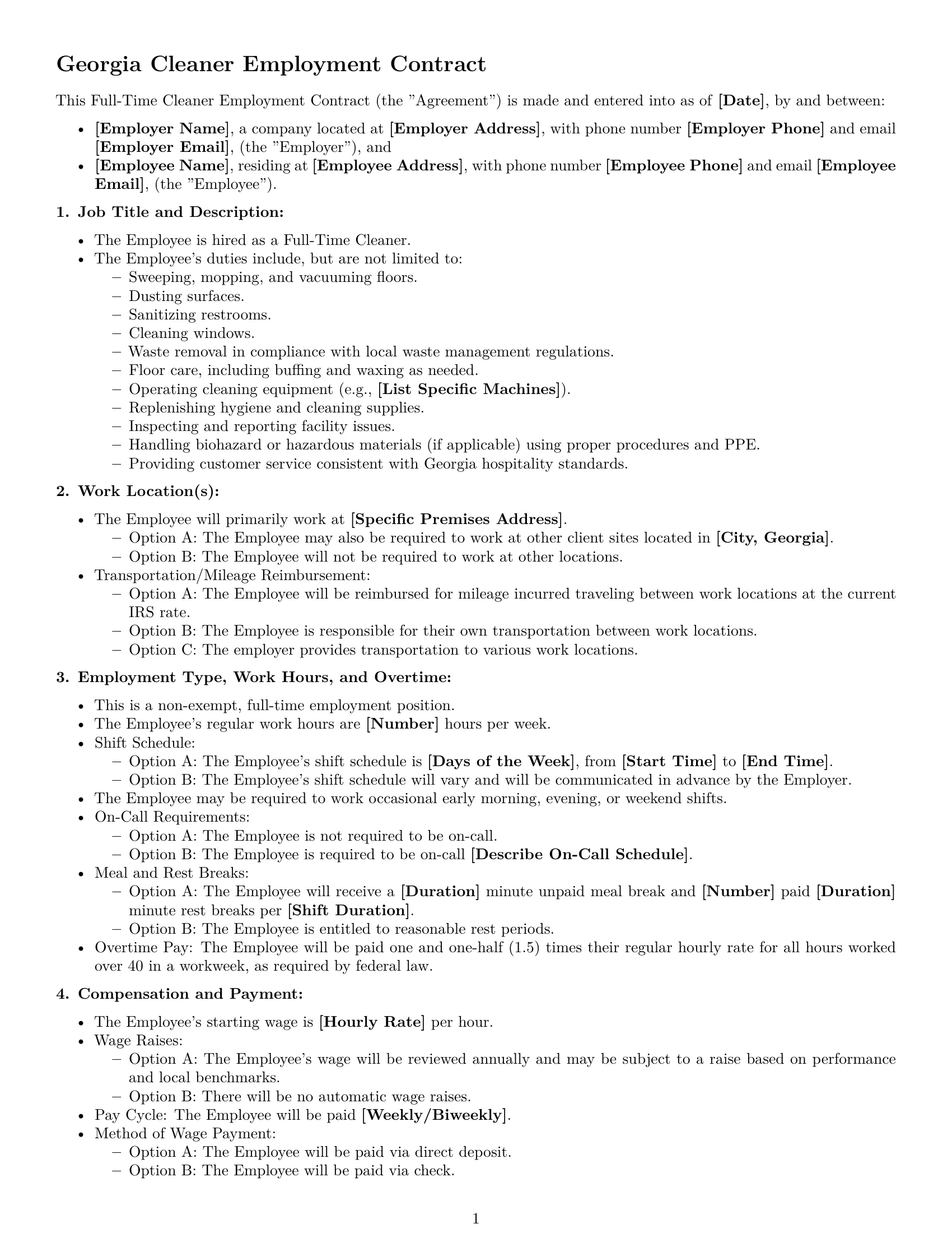 Preview page 1 of Free Georgia cleaner employment contract template