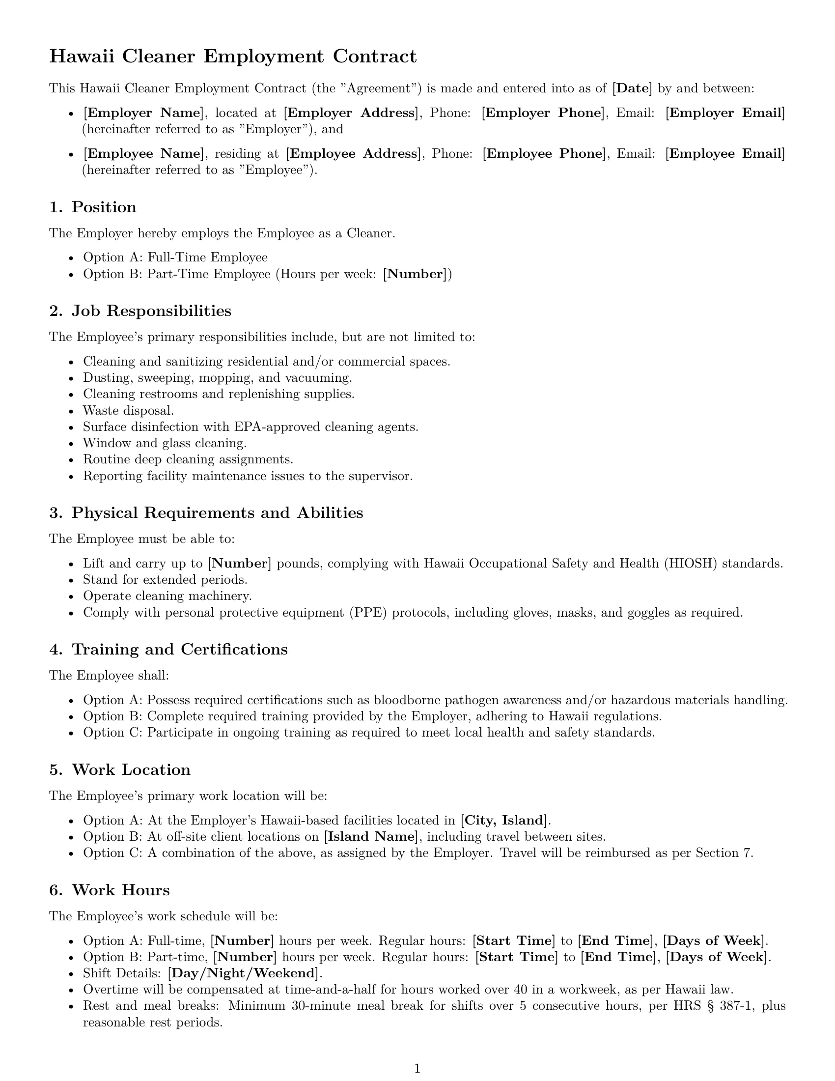 Preview page 1 of Free Hawaii cleaner employment contract template