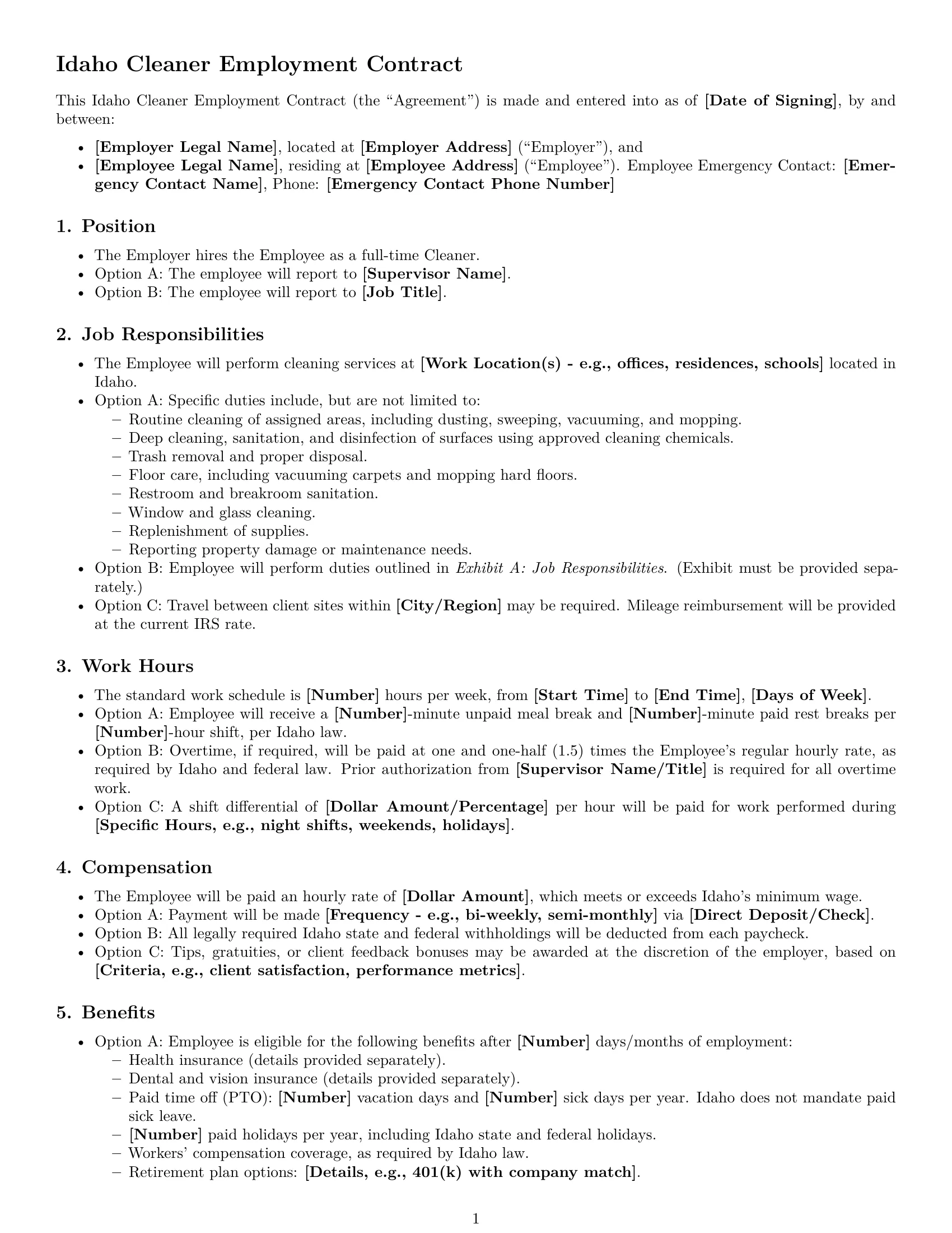 Preview page 1 of Free Idaho cleaner employment contract template