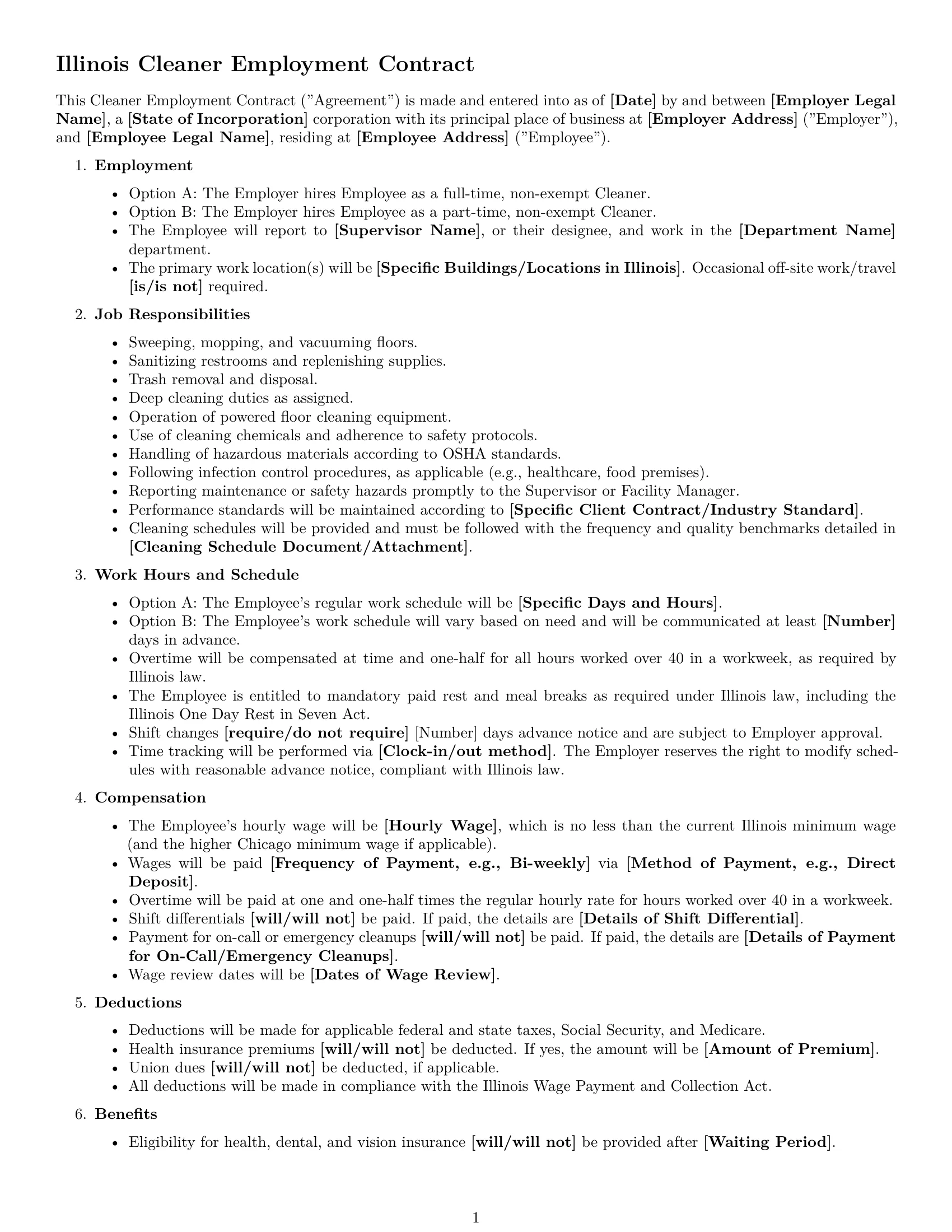 Preview page 1 of Free Illinois cleaner employment contract template