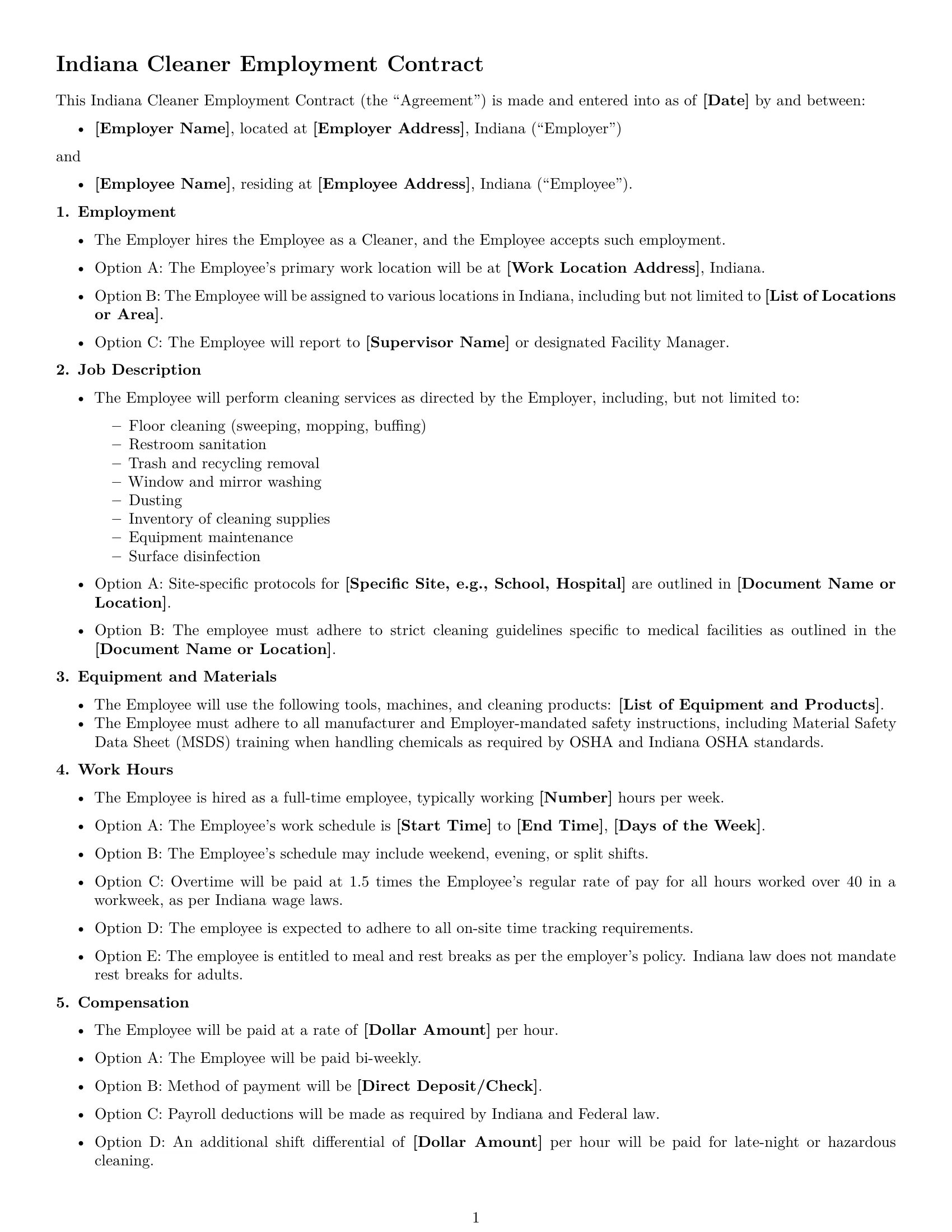 Preview page 1 of Free Indiana cleaner employment contract template