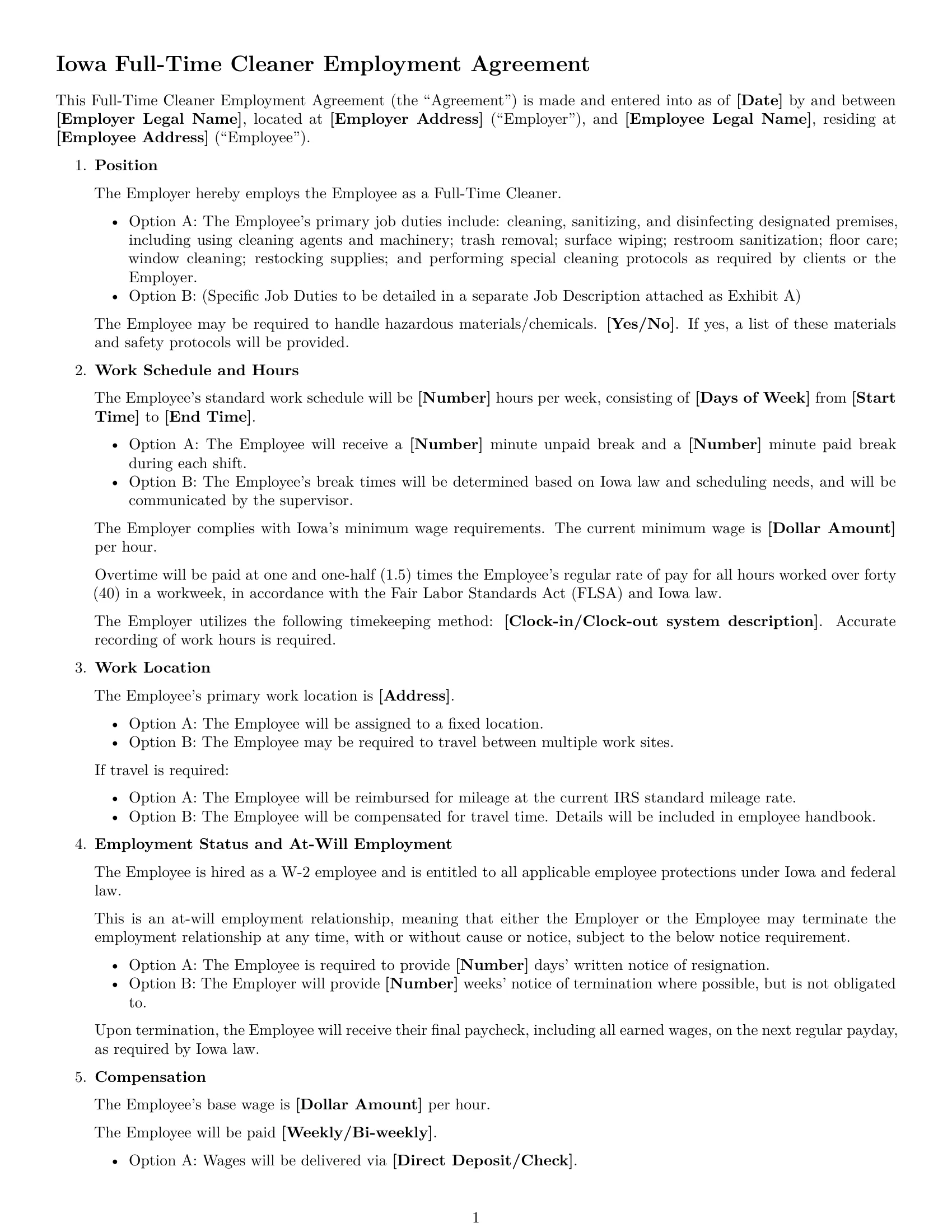 Preview page 1 of Free Iowa cleaner employment contract template