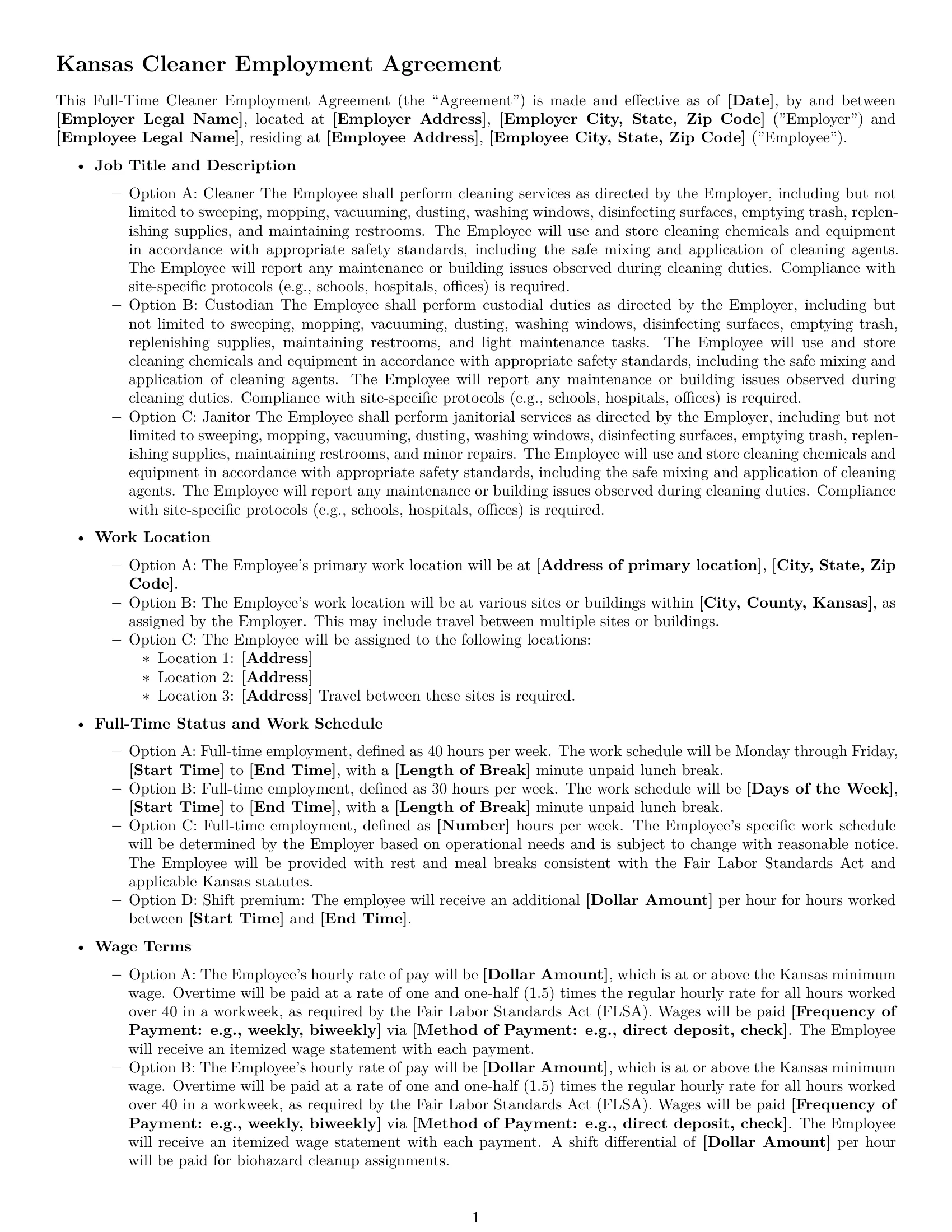 Preview page 1 of Free Kansas cleaner employment contract template