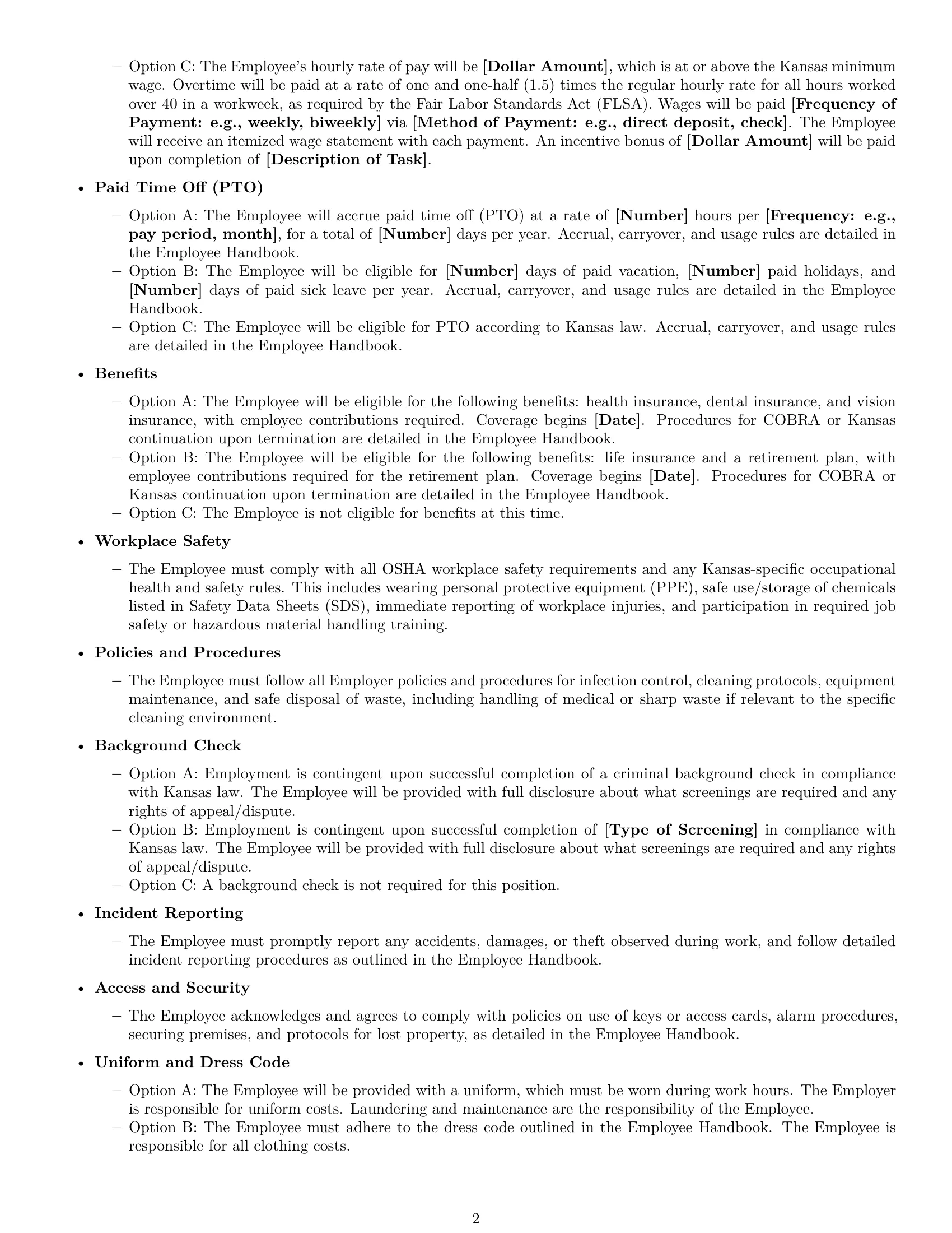 Preview page 2 of Free Kansas cleaner employment contract template