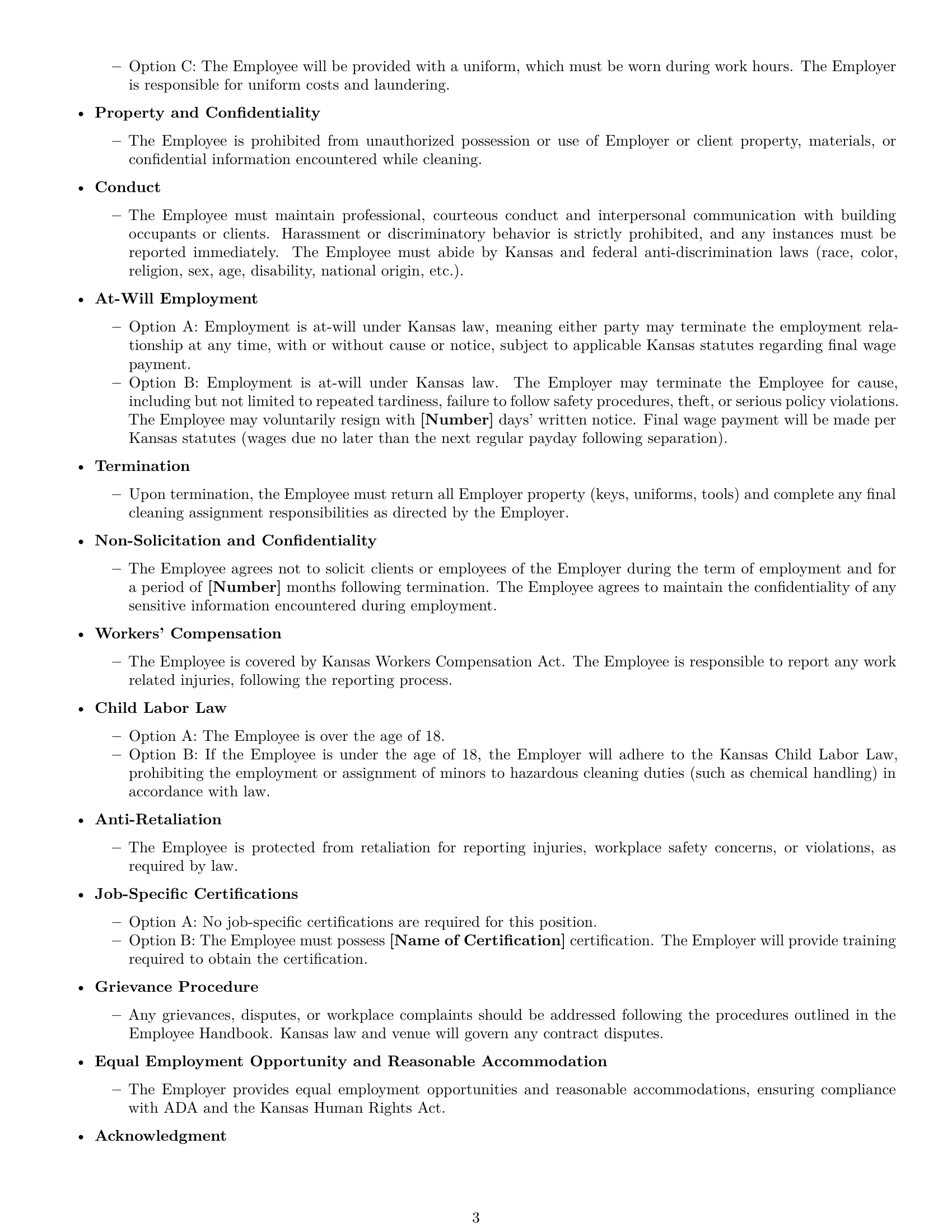 Preview page 3 of Free Kansas cleaner employment contract template