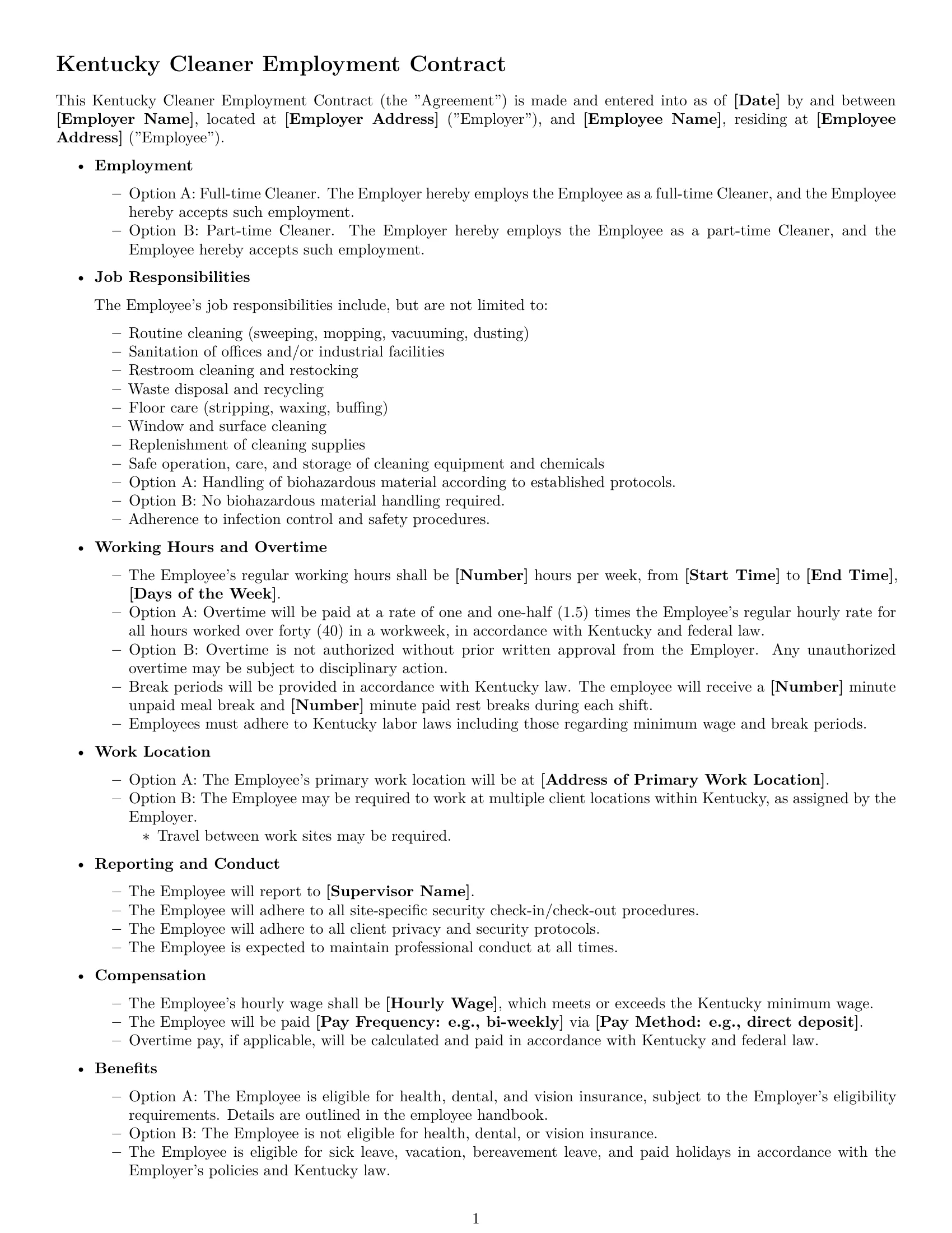 Preview page 1 of Free Kentucky cleaner employment contract template