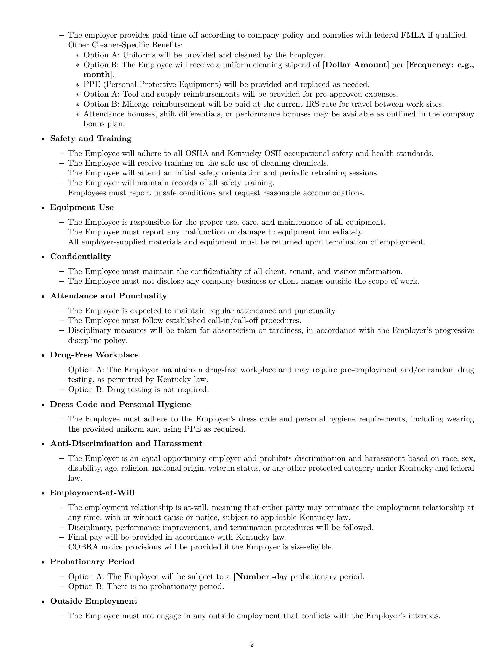 Preview page 2 of Free Kentucky cleaner employment contract template