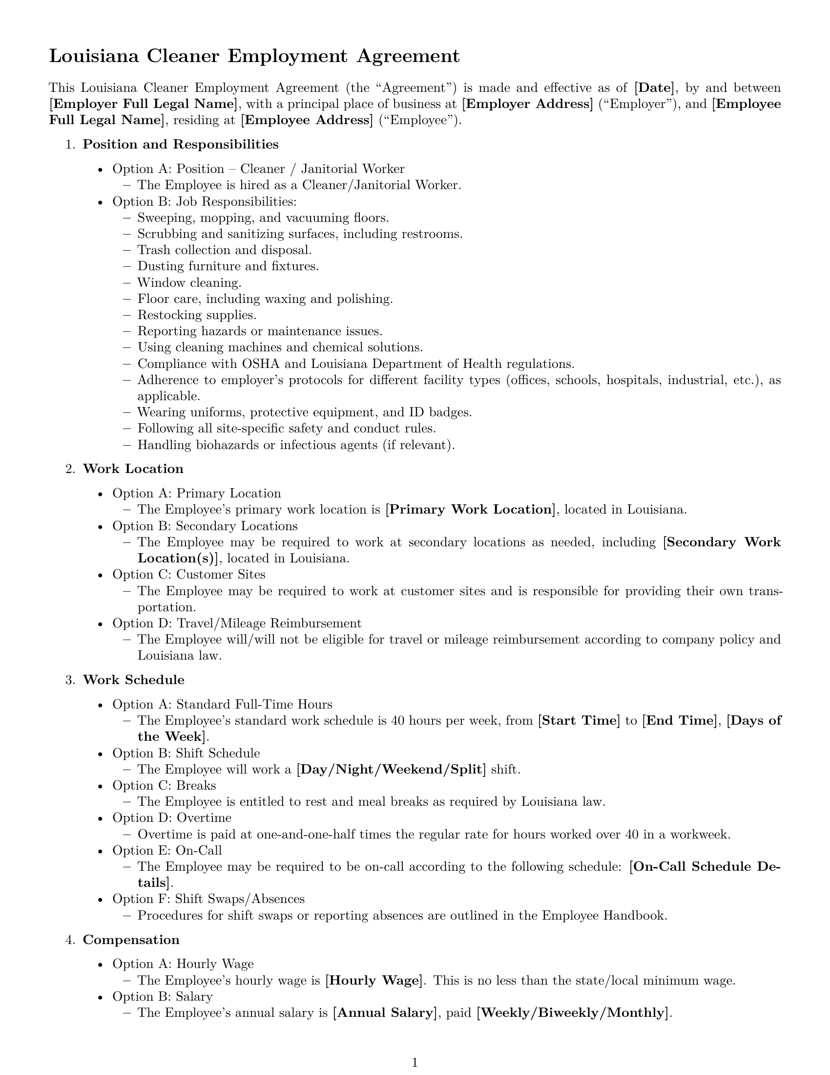 Preview page 1 of Free Louisiana cleaner employment contract template